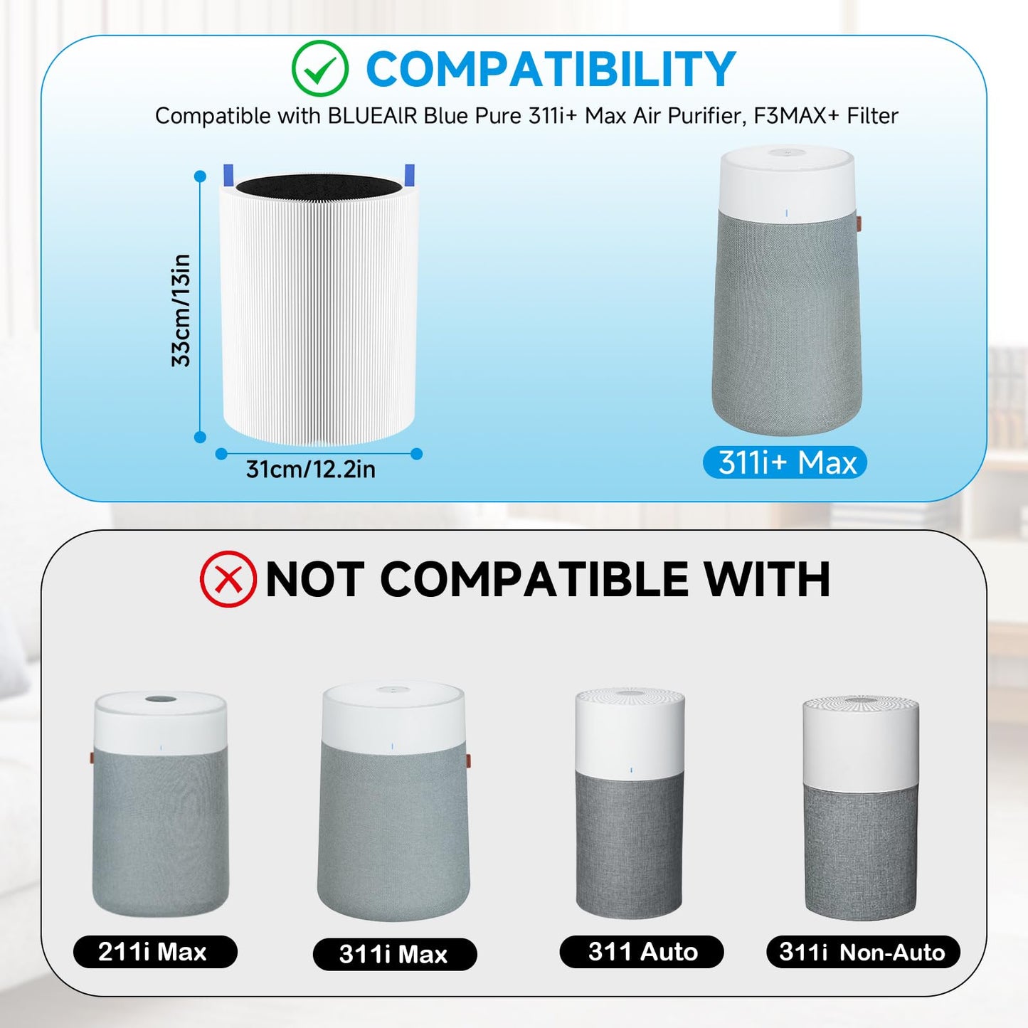 2 Pack 311i+ Max Replacement Filter Compatible with Blueair Blue Pure 311i+ Max Air Purifier, H13 True HEPA with Activated Carbon Air Filter, Compare to part #F3MAX+