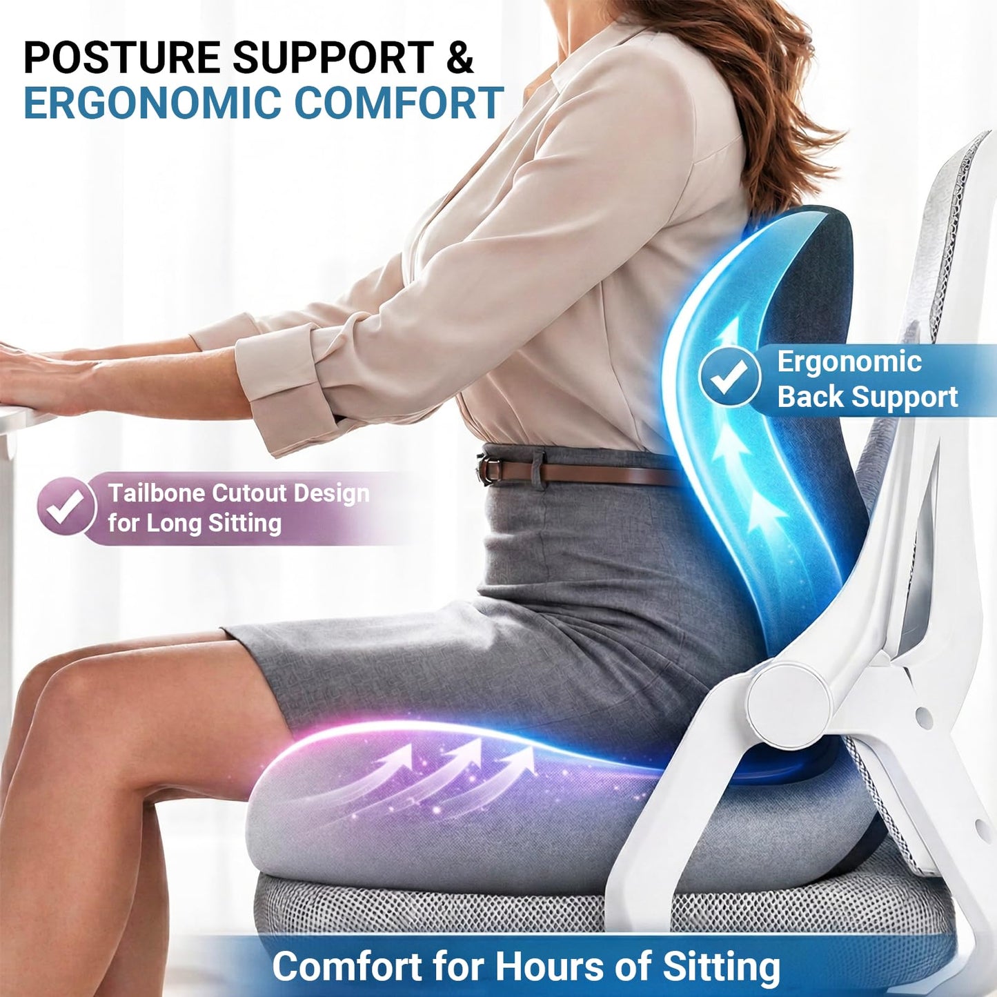 Ergonomic Seat Cushion Set with Lumbar Support Pillow, High-Density Memory Foam Cushion with Non-Slip Base, Posture Support Cushion for Office Chair, Home Chair, Car Seat (Dark Gray + Light Gray)