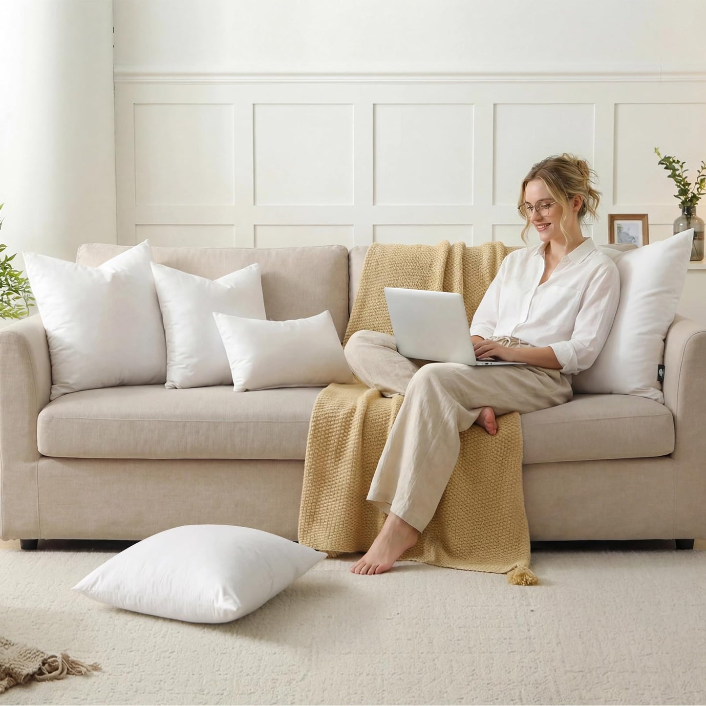 BPC Luxury Feather Down 20x20 Pillow Inserts Set of 2, Soft Fluffy Throw Pillow Inserts, 100% Organic Cotton Cover, Square Pillows for Couch, Living Room, Bed, Sofa