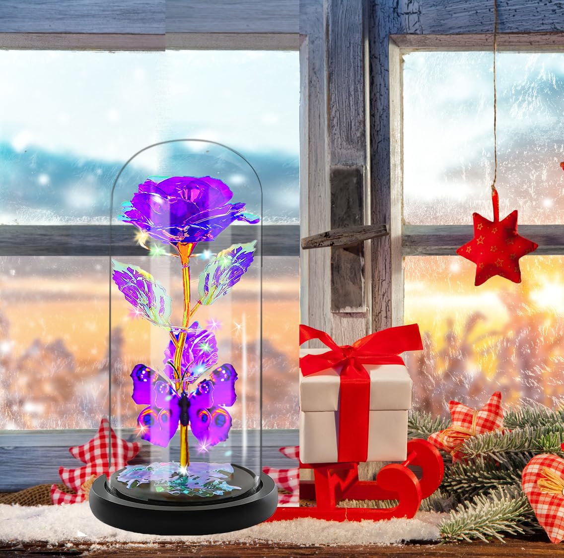 Rose Glass Flowers Gifts, Galaxy Crystal Light Up Rose Flower in A Glass Dome, Birthday Gifts for Women Mom Sister Wife Her Girlfriend Grandma Mothers Valentines Day Roses Presents, Purple Butterfly