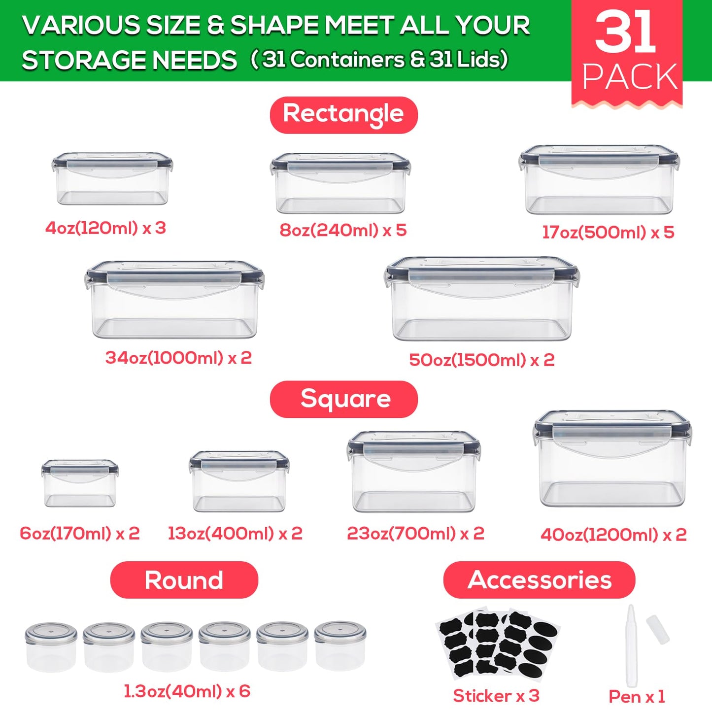 62PCS Thicker Food Storage Containers with Lids Airtight Leakproof, BPA Free Plastic Kitchen Food Storage Containers, Stackable Reusable Meal Prep Food Containers with Lids, Freezer Microwave Safe