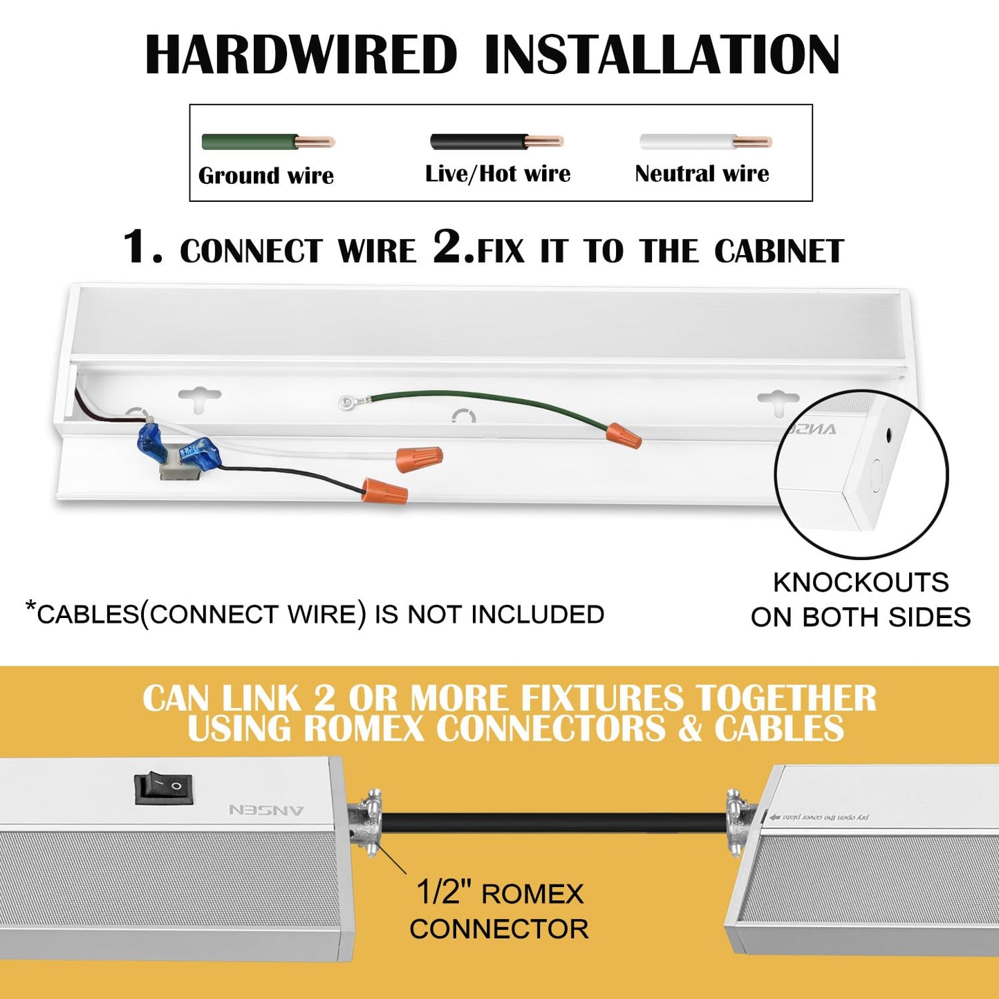 Ansen Hardwired Under Cabinet Lighting, 36in 22W LED Light for Kitchen/Closet, 1426lm, CRI>92, R9>90, Dimmable, 5 Color Temperature, 2700K-5000K(Warm White, Cool White, Daylight)