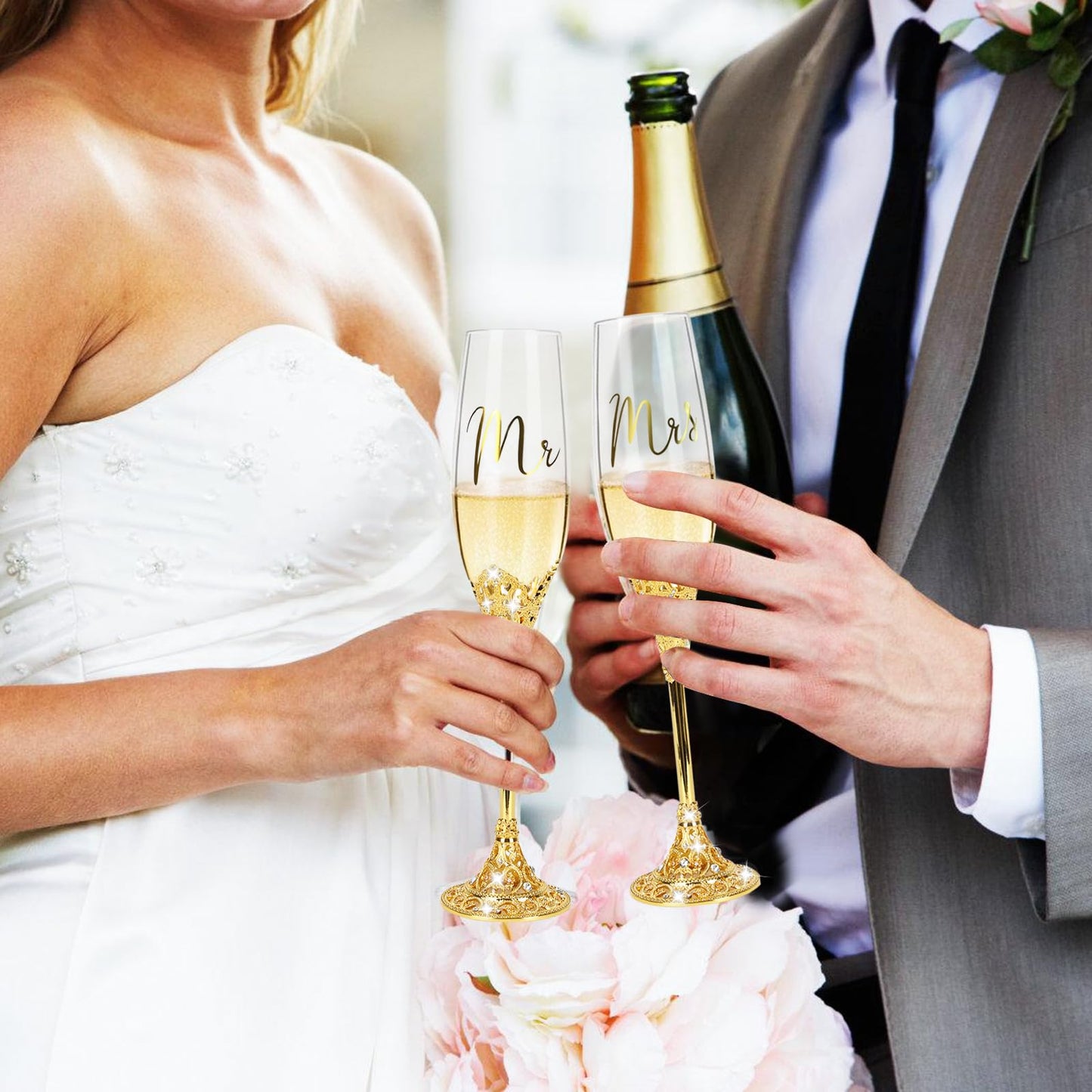 juciasouul 6 PCS Wedding Cake Knife and Champagne Flutes Server Set with Fork Mr and Mrs Champaign Flutes, Bride and Groom Champagne Glasses Crystal Rhinestone Wedding Toasting Glasses Parties