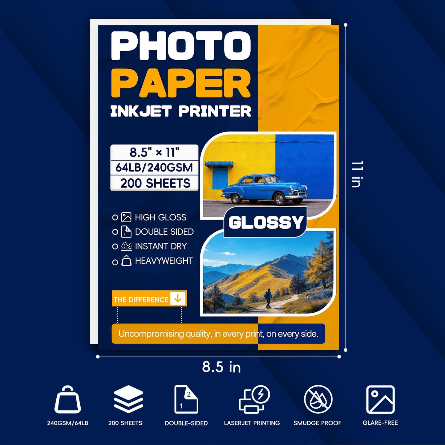 Inkjet Photo Paper 8.5x11", 200 Sheets 64lb/240gsm Glossy Double Sided Cardstock Premium Heavyweight Photographic Paper for Inkjet Printer Instant Dry Postcard Picture Brochure DIY Flyers