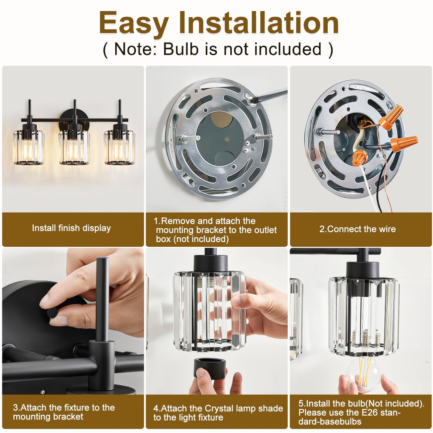 EJIAXIN 3 Light Black Crystal Vanity Light, Modern Bathroom Vanity Light Over Mirror, Up and Down Mount Wall Sconce Lighting for Bathroom Bedroom Living Room Hallway