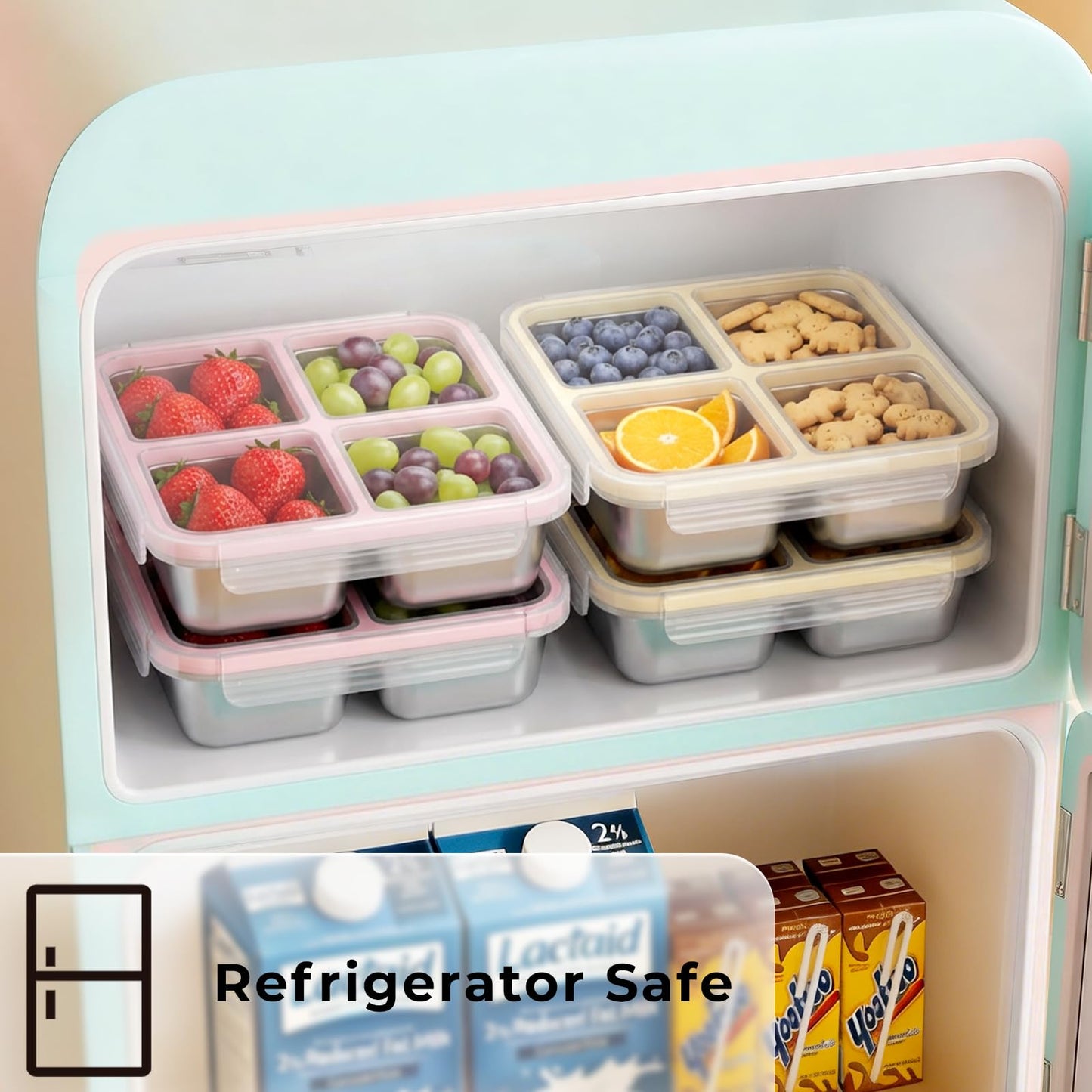 EC-Gaze 3 Pack Stainless Steel 4 Compartment Snack Containers with Lids, Reusable Divided Lunch & Food Storage Containers for Work, Travel (Pink, Yellow, Blue)