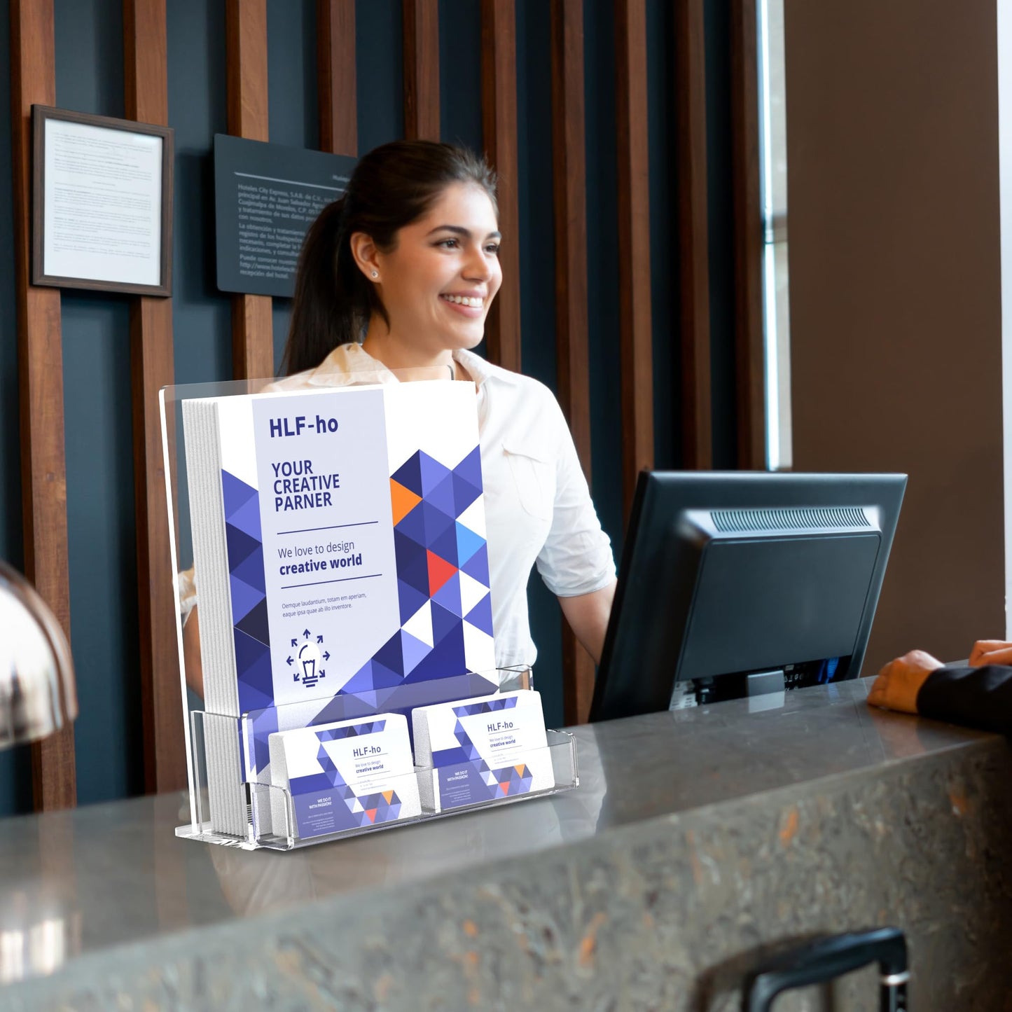 HLF-ho Brochure Holder 8.5x11 Inch Acrylic Literature Holders Clear Flyer Display Stand with Business Card Slot Pamphlet Holder Multi Purpose Organizer for Office, Lobby, Hotels, Trade Shows, 4 Pack