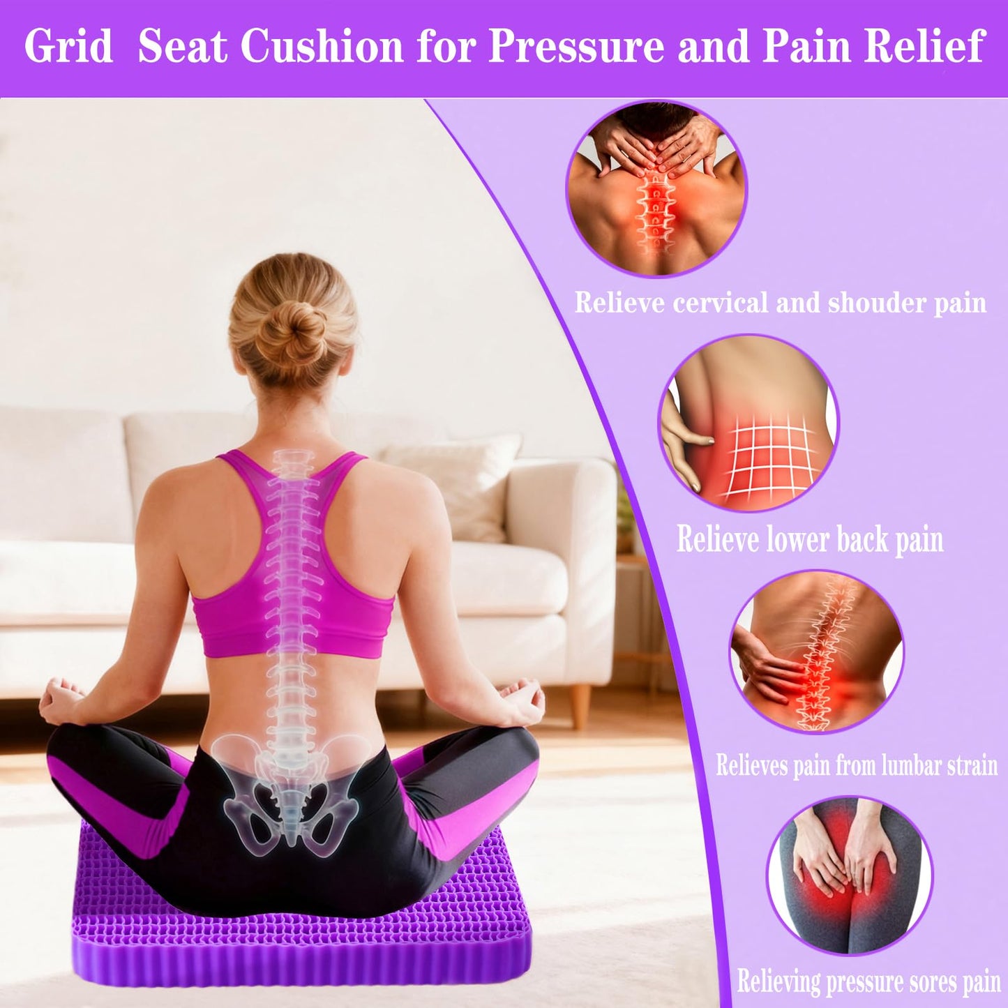 Innovative Gel Seat Cushion for Long Sitting, Breathable Grid Seat Cushion, Soft Cooling Support Chair Cushion for Office Chair, Wheelchair, Car, Gel Cushion for Back, Sciatica,Tailbone Pain Relief.