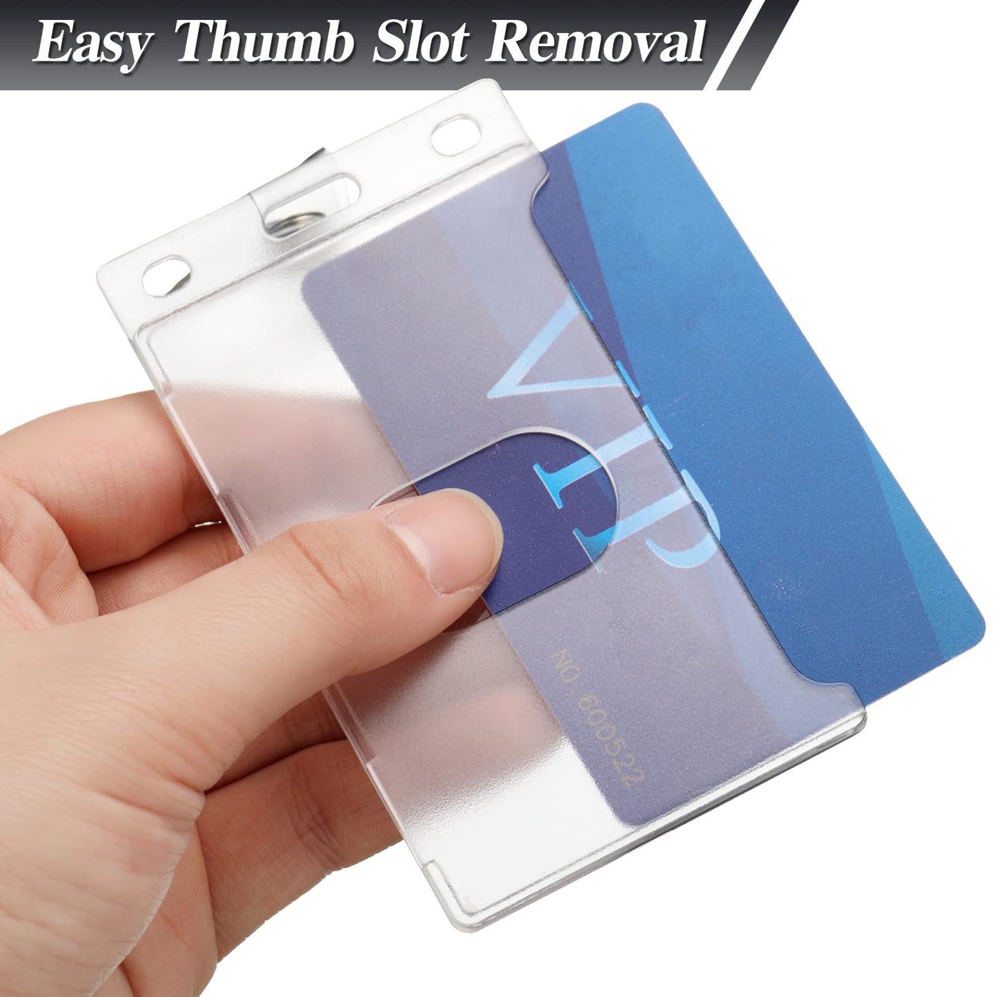 Marspark 100 Pack Keychain Card Holder Plastic Heavy Duty Badge Holder Vertical Clear ID Sleeve with Keyring, Rigid Fuel Badge Protector with Thumb Slot Secure Credit Card Protector Case