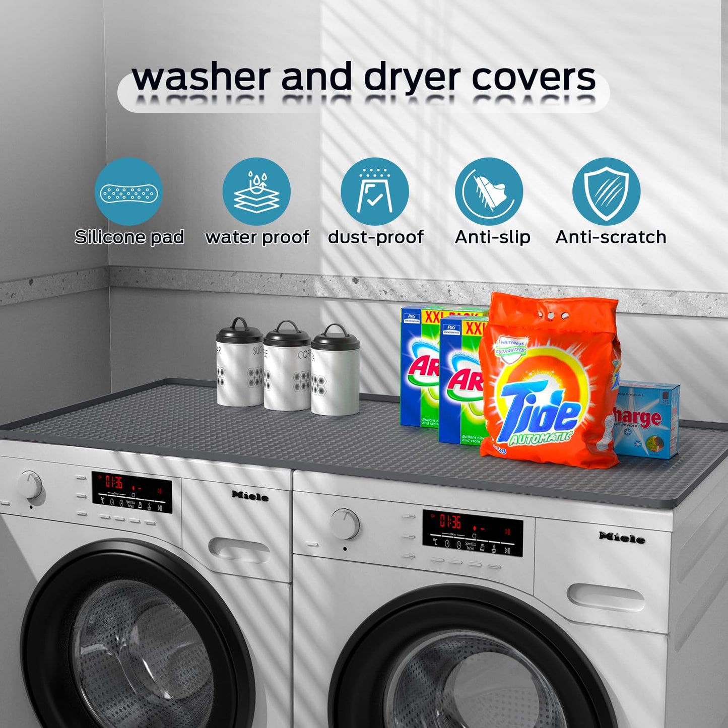 54" x 27.5" Washer and Dryer Covers for the Top，Waterproof and non-slip Washing Machine Cover，Applies to Kitchen、laundry room organization，Washer Dryer Countertop. (Gray)