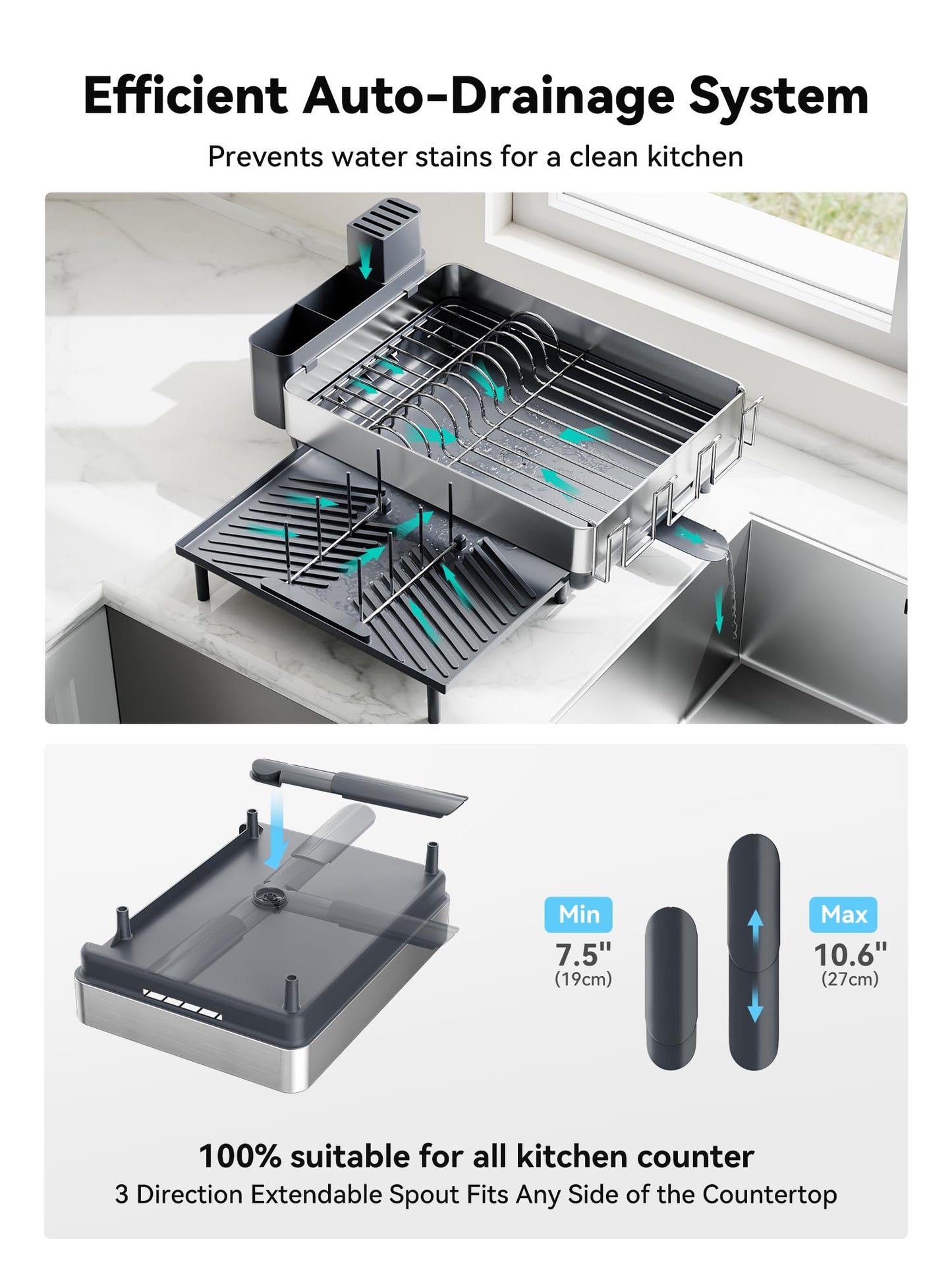 SUNLY Large Dish Drying Rack, Expandable Dish Racks for Kitchen Counter, Space Saving 304 Stainless Steel Drying Rack Kitchen, Extra Large Drainer with Multifunctional Flip Up Pegs, Gray