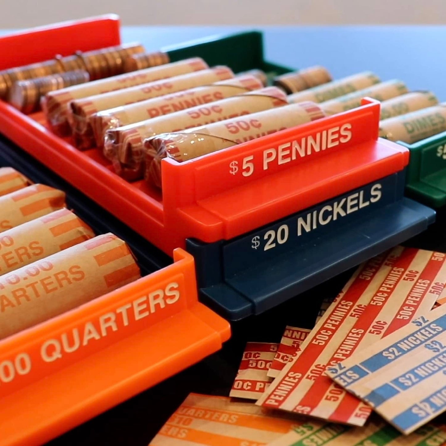 Nadex Rolled Coin Storage Organizer Tray Set with Ridges for Loose Coins | Quarters, Dimes, Nickles, and Penny Color Coded Trays