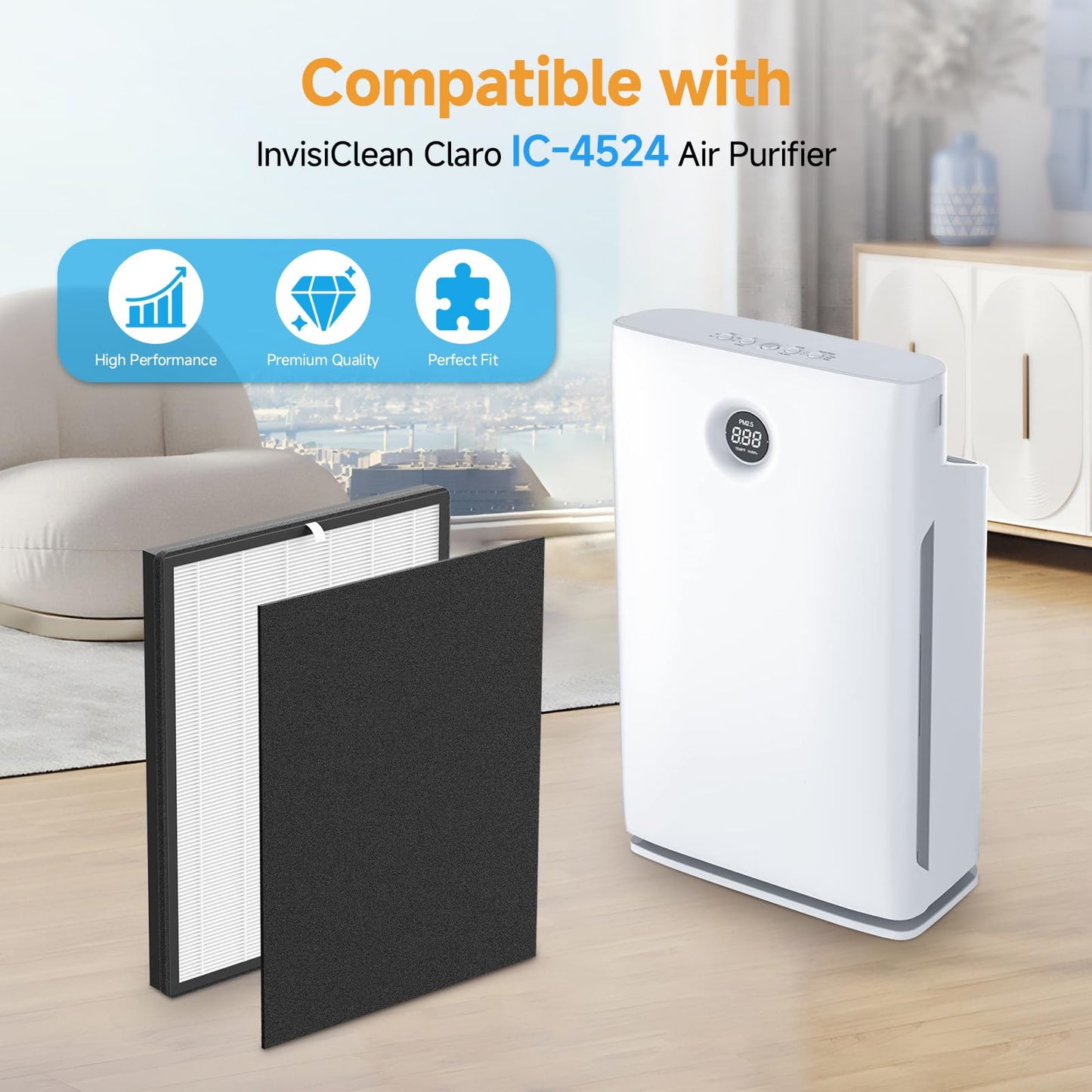IC-4524 Replacement Filter Compatible with InvisiClean Claro Air Purifier IC-4524, for Home Large Room, Bedroom, True HEPA Replacement Filter with Pre-Filter, 2 Pack