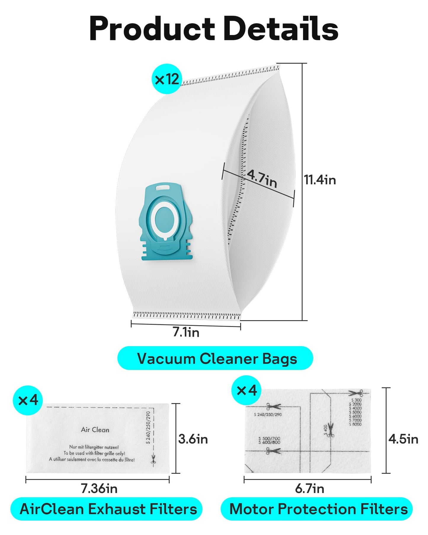 Leemone 12 Pack HyClean Air TU/CO Vacuum Cleaner Bags Replacement for Miele Guard L1 S1 M1 Series Vacuum Cleaners, 12 Vacuum Bags, 4 AirClean Exhaust Filters, 4 Motor Protection Filters