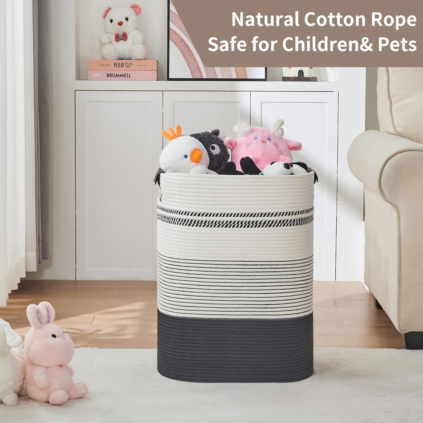 DOFASAYI Laundry Hamper - 85L Large Laundry Basket with Leather Handles, Decorative Storage Basket for Blankets - Clothes Hamper for Living Room, Bedroom, Black & White