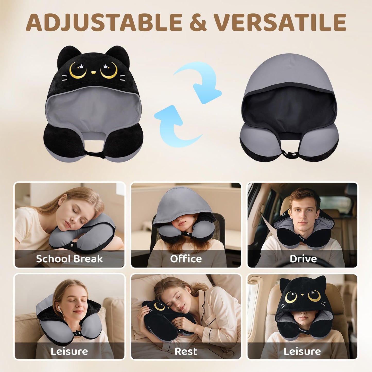Mewaii Travel Neck Pillow with Hood for Airplanes,Memory Foam,Breathable Ice Silk & Soft Velvet,Double-Sided,Removable to Clean,Adjustable Strap,Portable Travel Pillow for Long Flights Adults & Teens