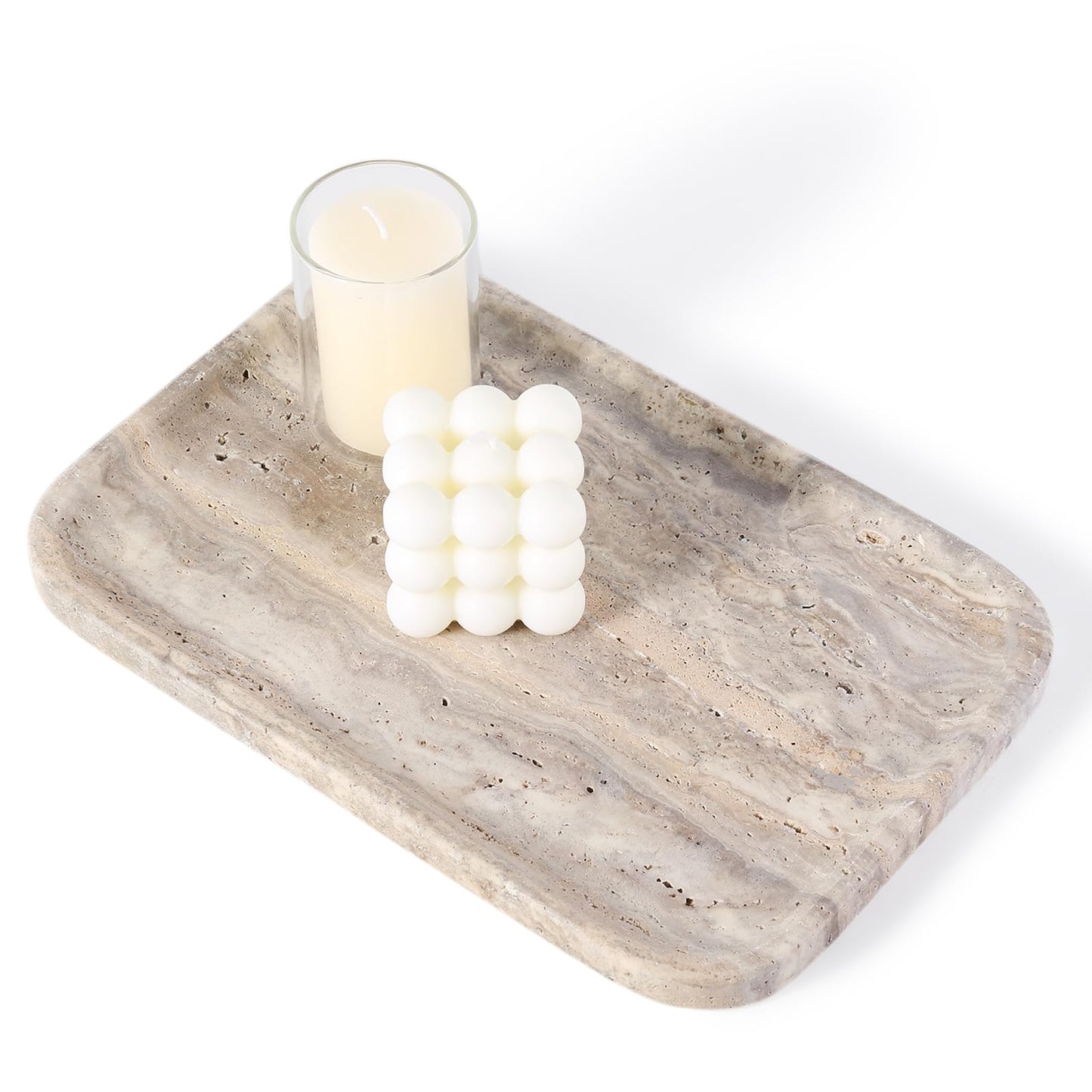 Karibiber Marble Vanity Trays, Travertine Bathroom Tray, Decorative Tray for Dresser Countertop, Grey Stone Serving Holder for Kitchen, Storage Trays for Perfume, Jewelry Candle Organizer