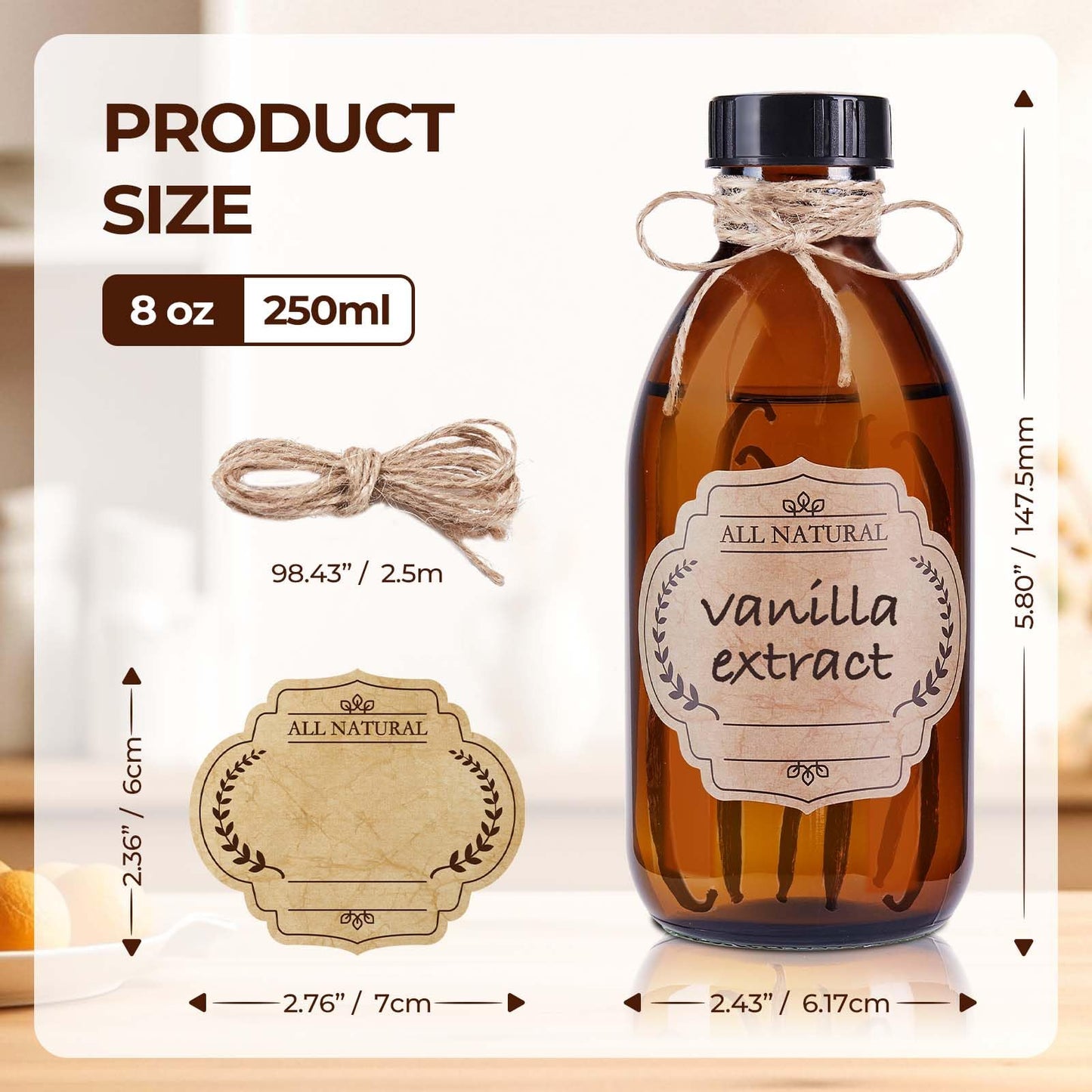 Elumeiro 24 Pack 8 OZ Amber Glass Bottles with Lids, Leakproof Glass Bottles for Vanilla extract, Shampoo, Tinctures, Essential Oils, Homemade Hot Sauce, Syrup, Boston Round Brown Bottle