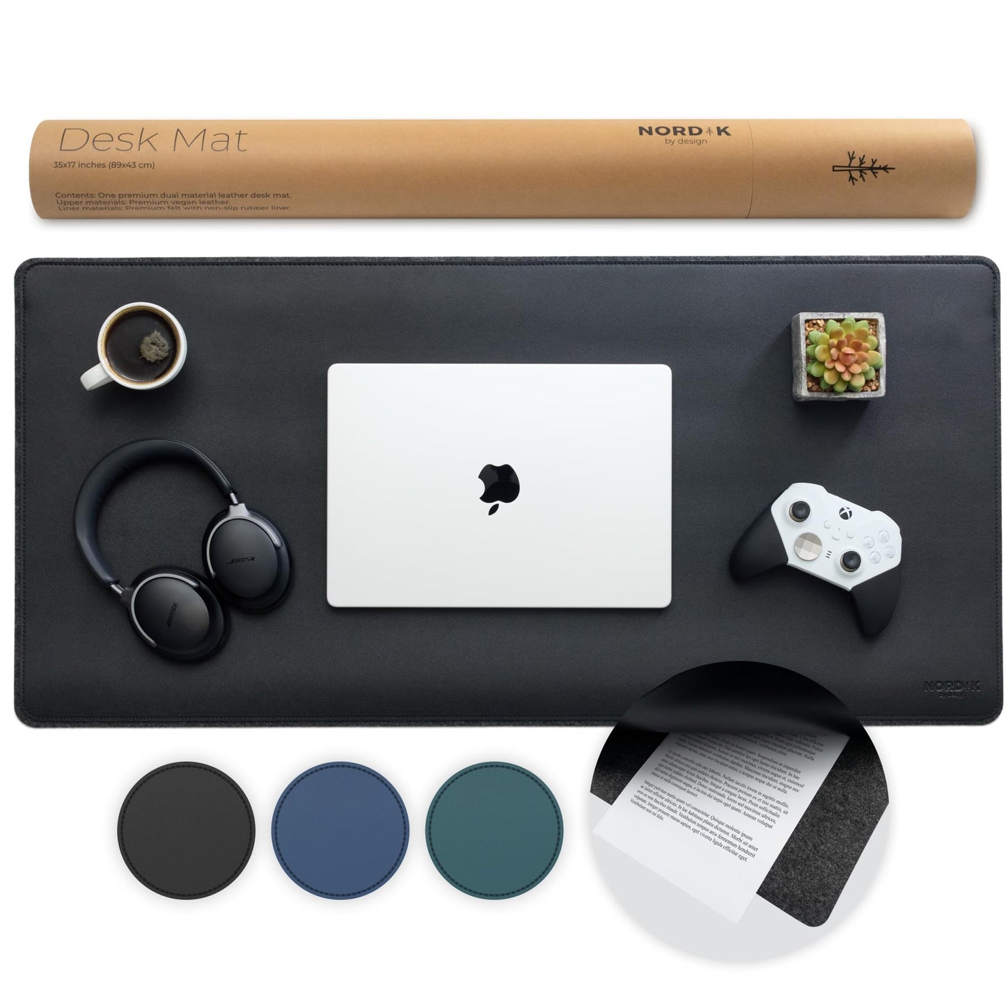 Nordik Felt and Leather Desk Mat Non-Slip - Black - 35 X 17 Inch - Felt and Vegan Leather Desk Pad - Document Organizers - Desk Blotter and Desktop Mat - Desk Protector Laptop Desk Matt for Desktop