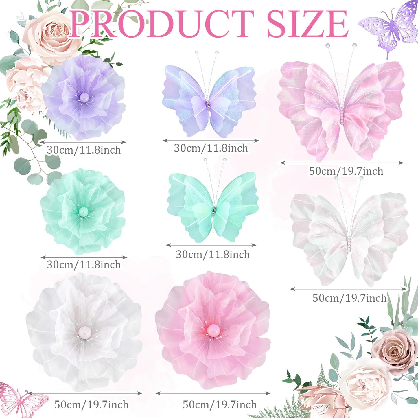 Cinnvoice 8 Pcs Large Butterfly Flower Decorations 20 Inch 12 Inch 3D Giant Silk Butterfly Big Flower Mariposas Grandes para Decoracion for Wedding Backdrop Birthday Party(Pastel)