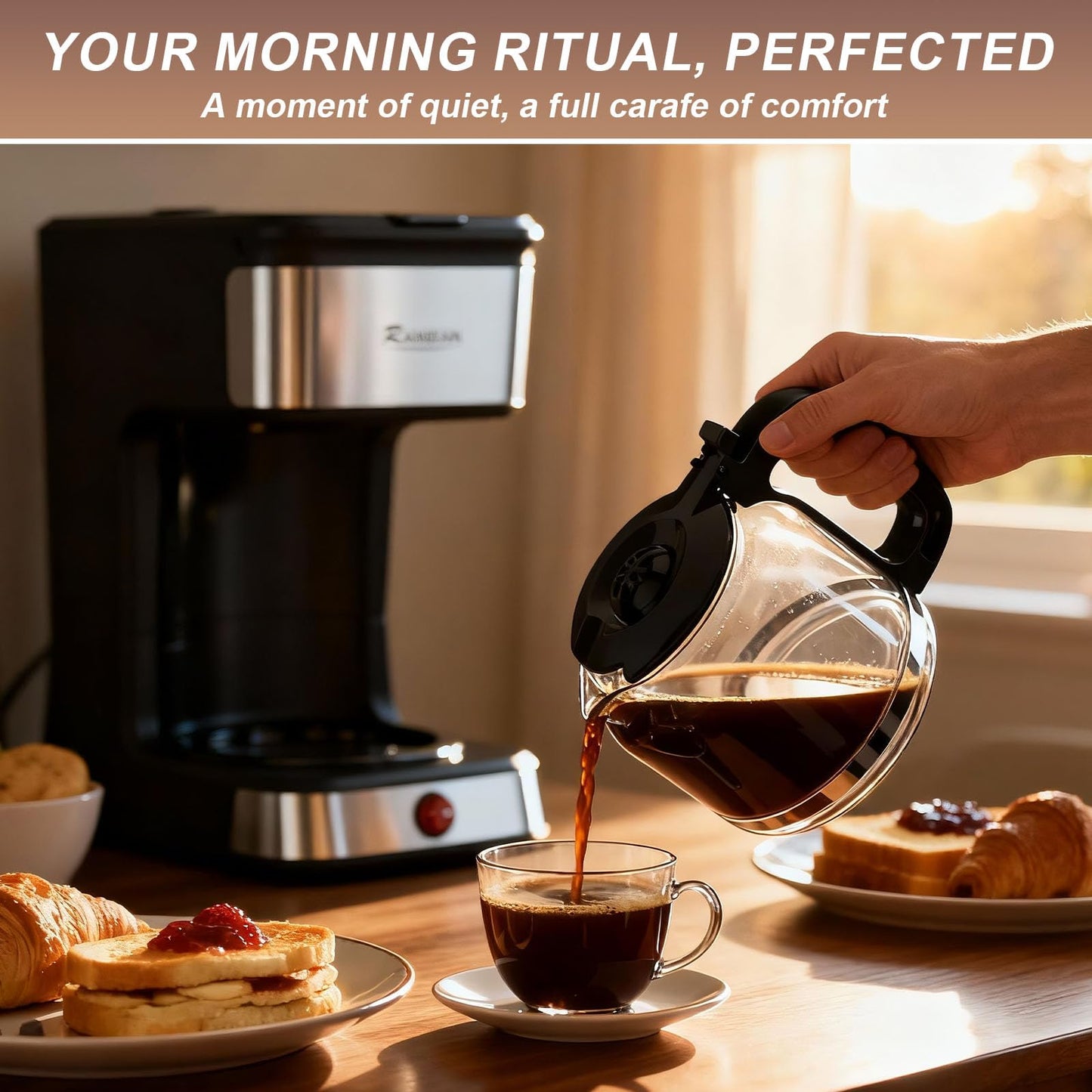 RAINBEAN 12-Cup Drip Coffee Maker,Home/Office Coffee Brewing Machine with Removable Filter,Glass Carafe and Heated Base,Black & Stainless Steel