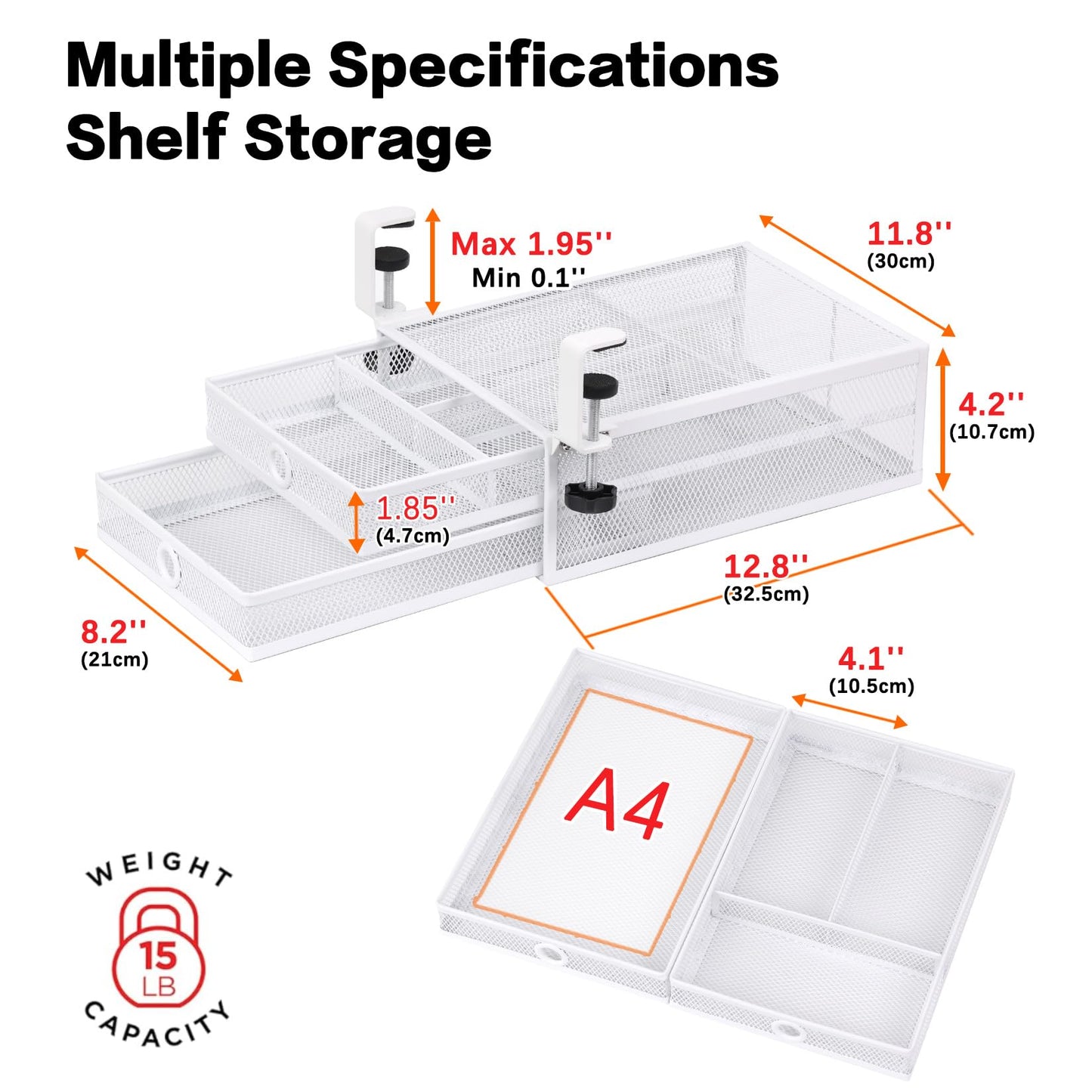 Euyona 2-Tier Clamp-On Mesh Organizer, Under Desk Storage with Slide-Out Tray, No Drilling Tool-Free Installation, Durable Rust-Resistant Metal, Large-Capacity Organizer.