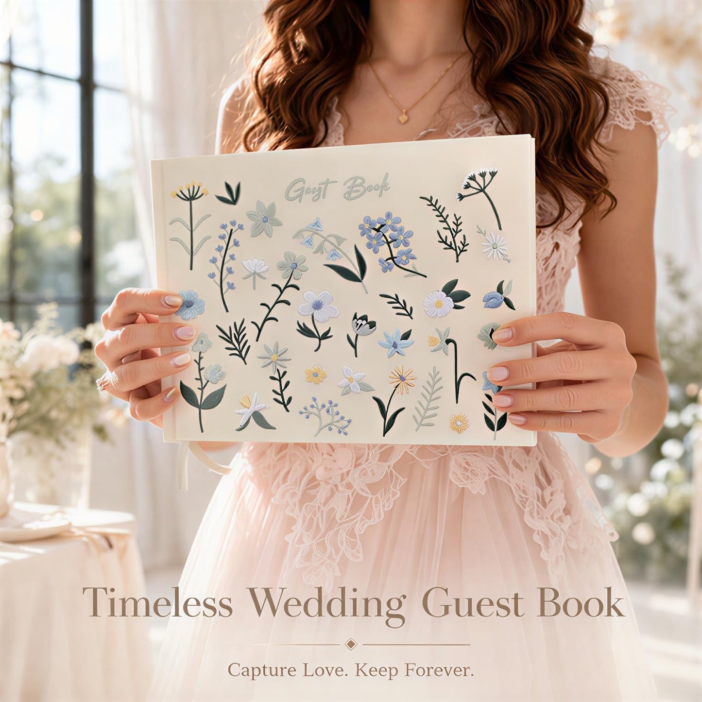 Wedding Guest Book–Elegant Embroidered Guest Book for Wedding Reception, Baby Shower–Wedding Guest Book Alternative with Photo Corners,120 Blank&Lined Pages, Polaroid Guest Book Keepsake