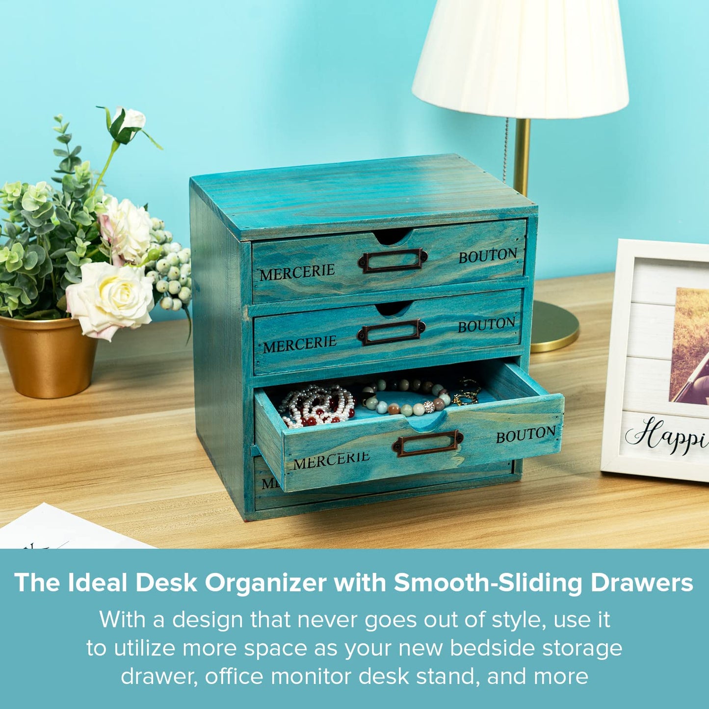 Turquoise 4-Tier Drawer Unit - Teal European Country Style Desk Organizer Box - 9.7x7x10 Wooden Stackable Drawers - Countertop Organizer Drawers w/Label Holder - 4-Level File Drawer Unit