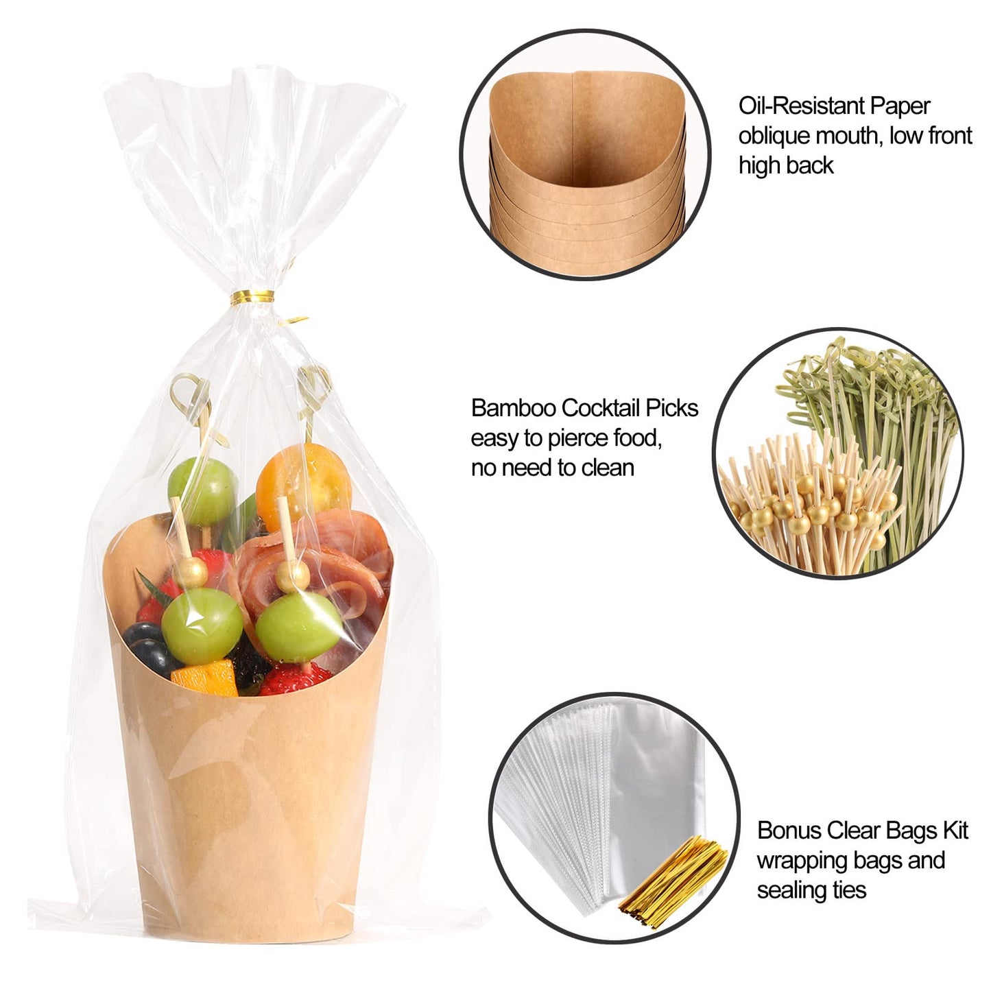 Disposable Charcuterie Cups 120 PCS with 200PCS Sticks and 120PCS Bags, 14 oz Kraft Paper Snack Boxes Appetizers Cup French Fry Holder with Cocktail Skewers Toothpicks Tooth Picks, Brown