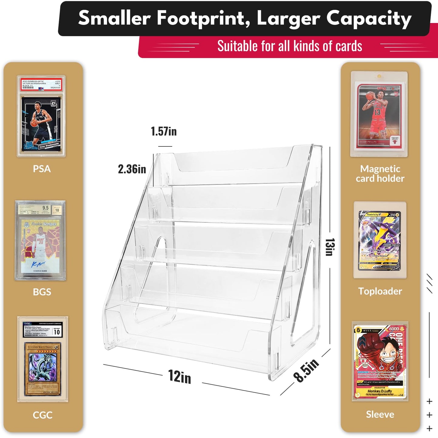 TrendTrust Trading Card Display Stand, Vertical Holder for Baseball Basketball Sports Graded Card Display Stand Tabletop for PSA BGS SGC Slabs, Snap-On Assembly(5 Tier, 2 Pack)