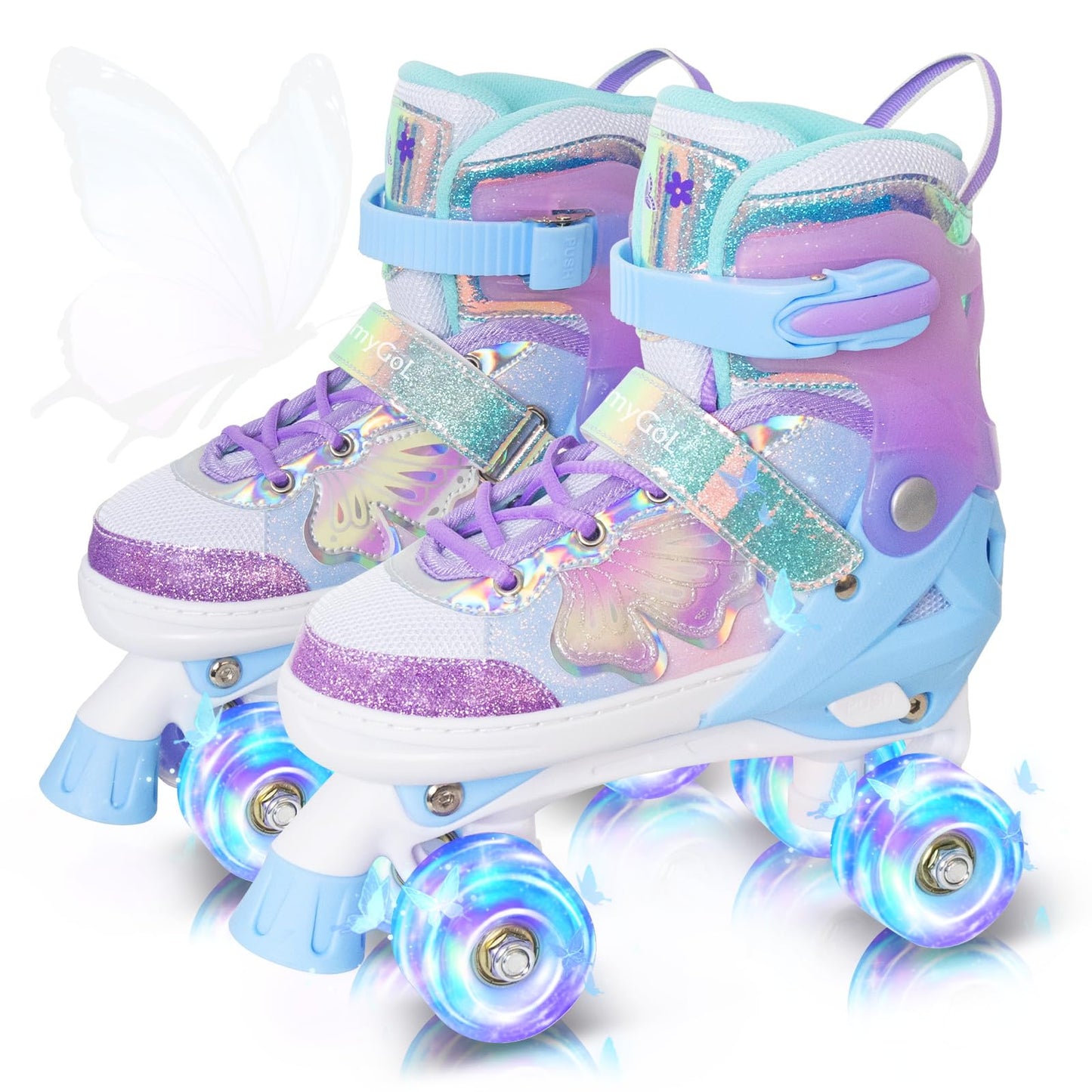 MammyGol Kids Roller Skates for Girls or Boys, 4 Size Adjustable Roller Skates for Children with Beautiful Butterflies, Beginner Kids Light up Roller Quad Skates Indoor Outdoor (Purple)