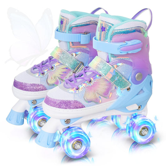 MammyGol Kids Roller Skates for Girls or Boys, 4 Size Adjustable Roller Skates for Children with Beautiful Butterflies, Beginner Kids Light up Roller Quad Skates Indoor Outdoor (Purple)