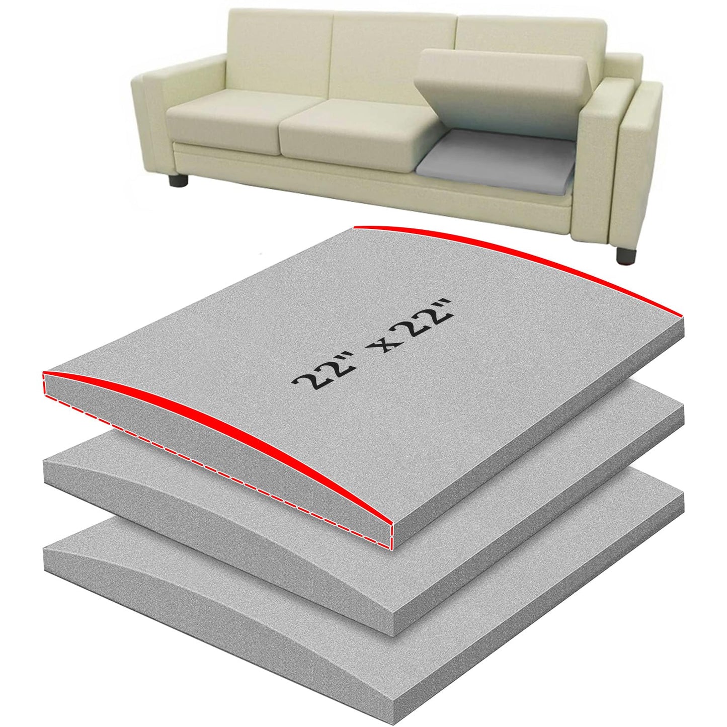 MLMTFI 22" x 22" Couch Cushion Support for Sagging Seat, 3 PCS Large Size Insert Sofa Cushion Support for Better Lift, 45D High-Density Foam Couch Replacement for Furniture Seat Sagging Repair, Grey
