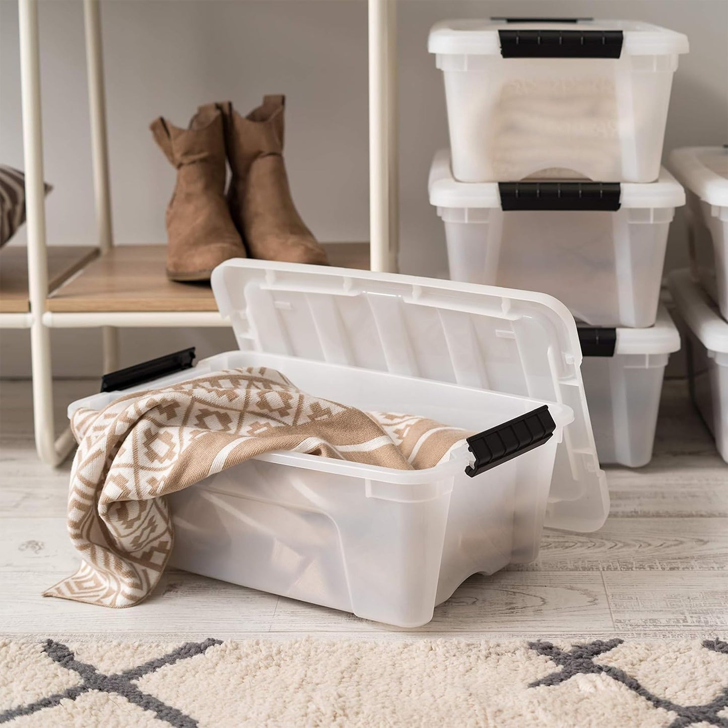 IRIS USA 13 QT Plastic Storage Box with Lid and Latches - 6 Pack - BPA-Free, Discreet Organizing Solution, Durable Nestable Stackable Containers, Secure Pull Handle - Pearl