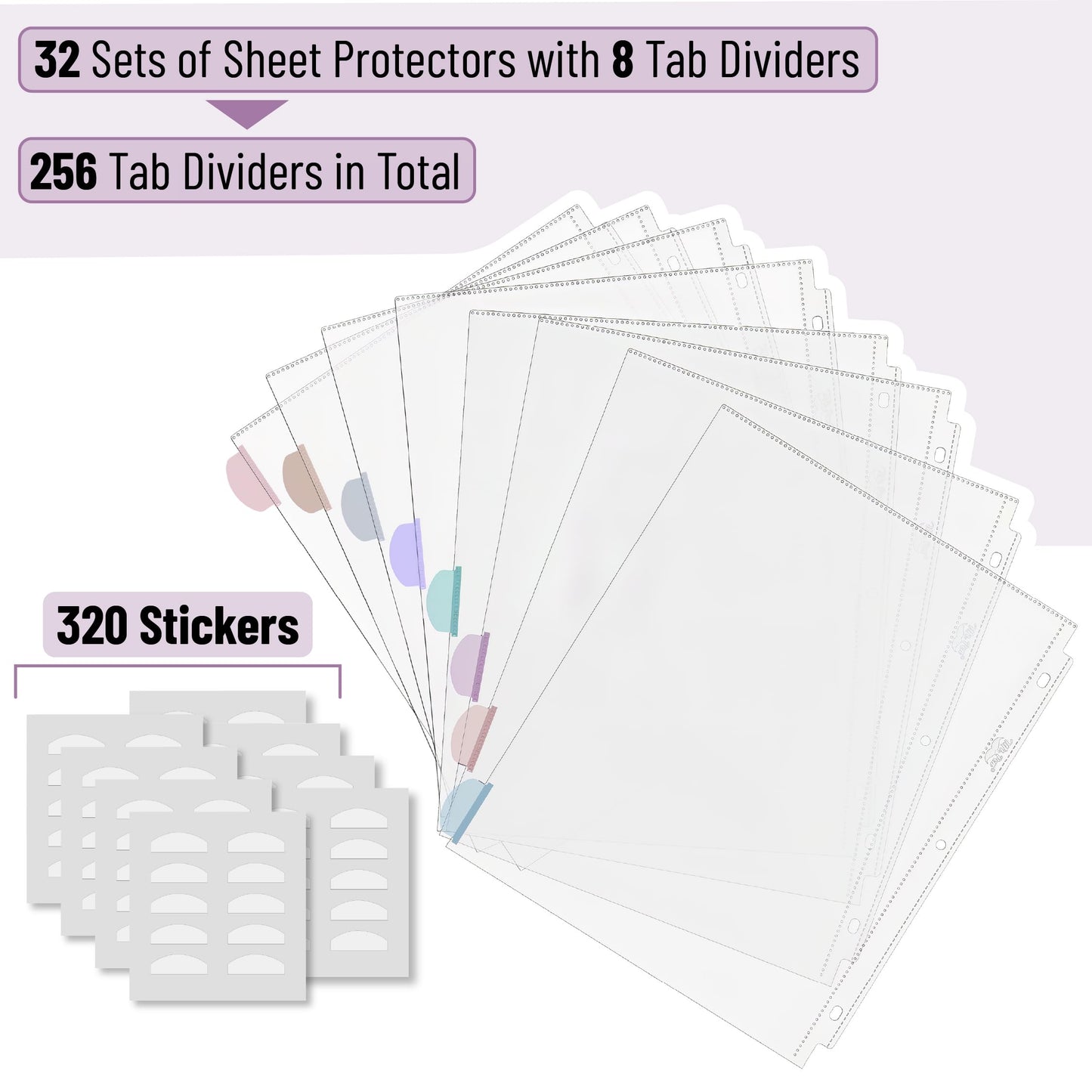 Mr. Pen- Clear Sheet Protectors with Tabs Bulk, 8.5x11 Inches, 8 Tabs, 32 Sets, Durable Clear Plastic Dividers for 3 Ring Binders, Insertable Index Page Divider with Multicolor Tabs