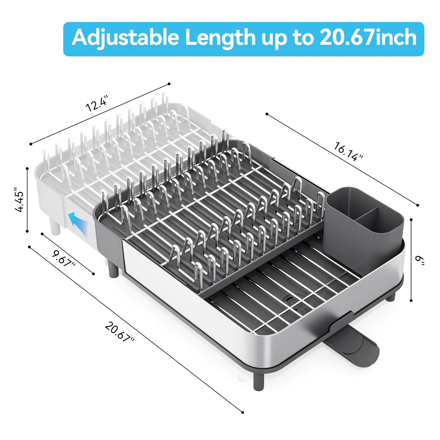 Urackify Dish Drying Rack - Dish Drainer for Kitchen Counter, Stainless Steel Dish Rack with Swivel Draining Spout & Drain Board, Expandable Space-Saving Kitchen Dish Organizer for 3-4 People, Grey