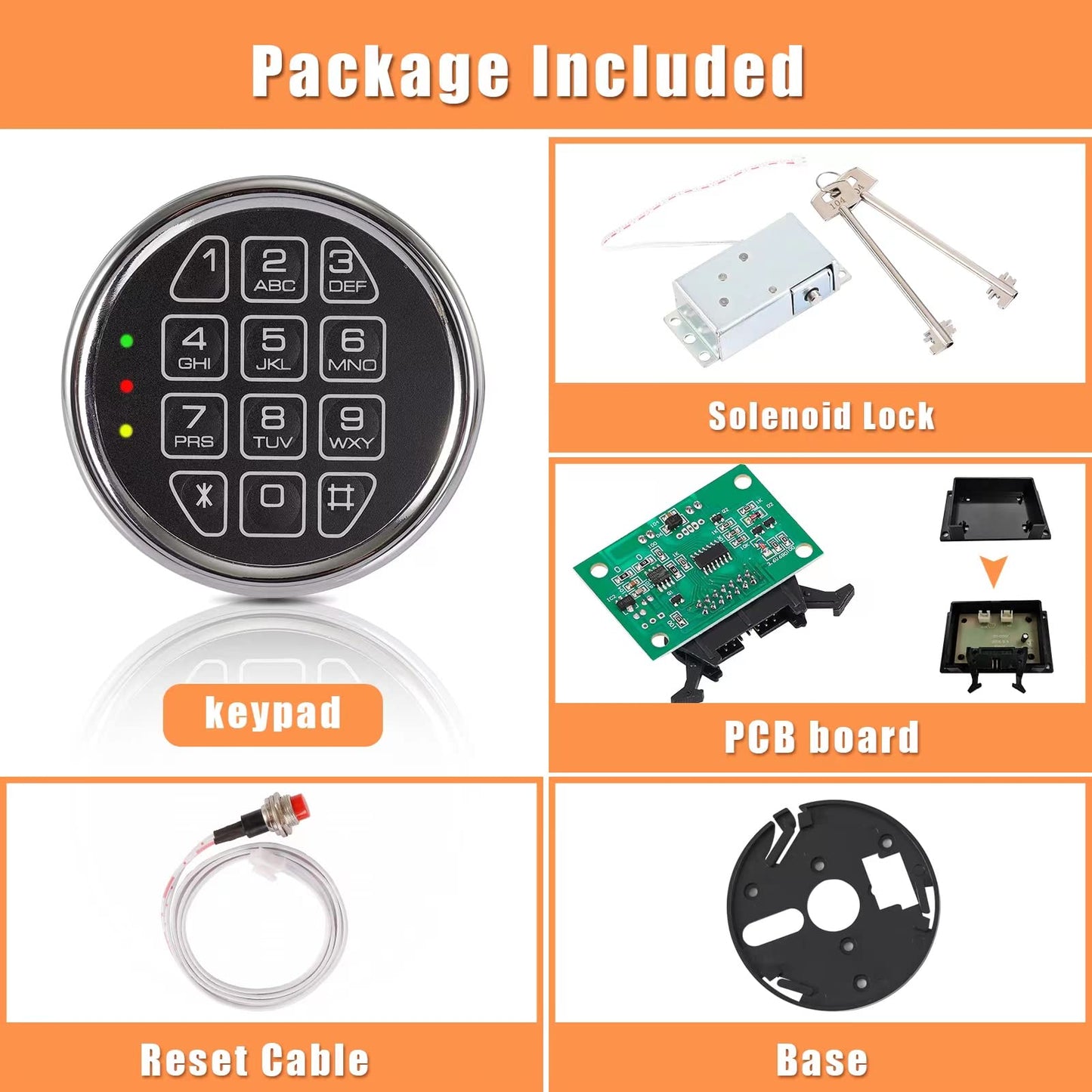HOMEYUER Electronic Gun Safe Lock Replacement – Digital Keypad with Solenoid Lock Mechanism, Chrome/Black Finish, 14-Pin Design, Circuit Board, Reset Cable, and 2 Override Keys – DIY Installation