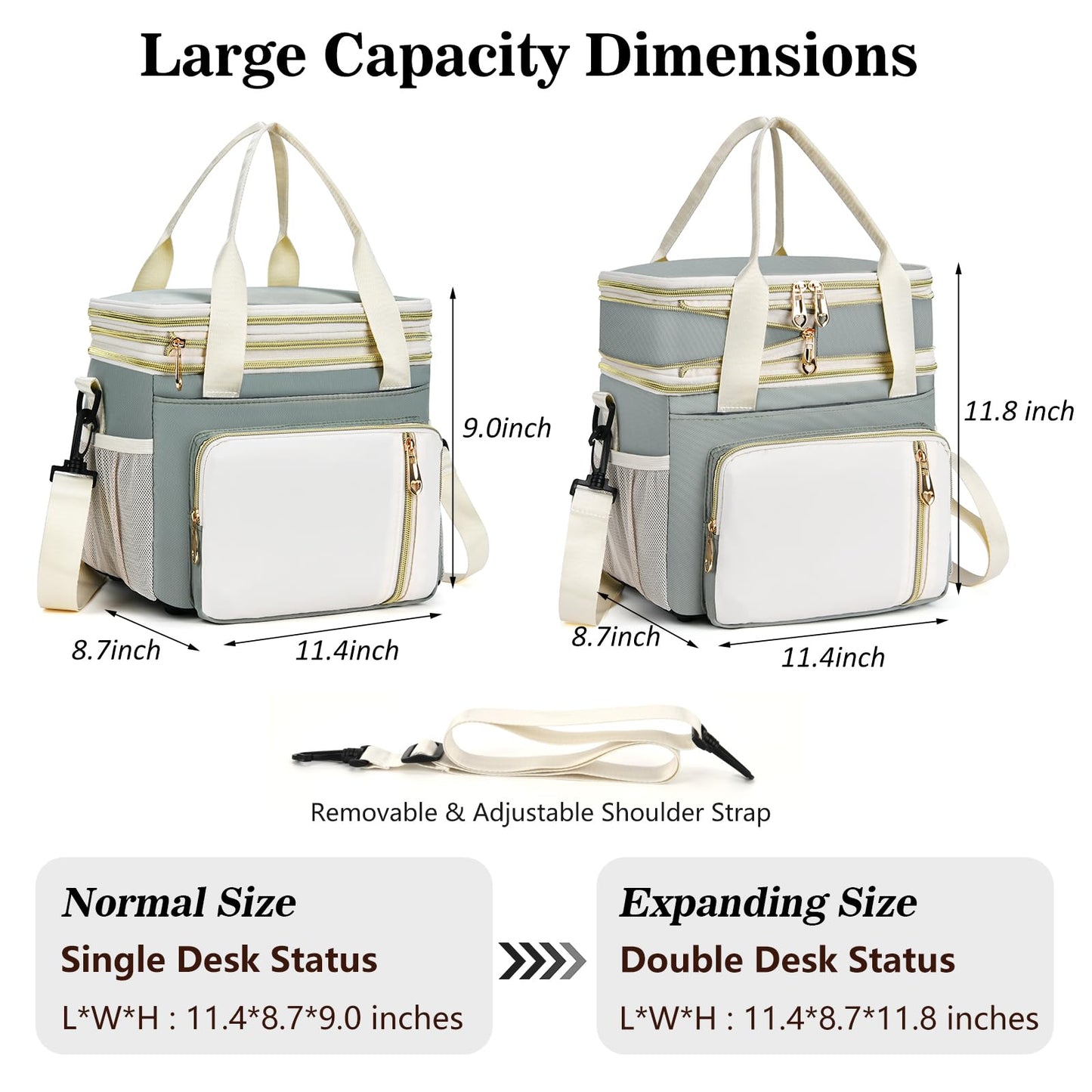 BAGNN Lunch Box for Women, Expandable Large Double Deck Insulated Lunch Bag with Strap, Lightweight Leakproof Cooler Tote Bag, Adult LunchBox for Work, Picnic, Beach & Travel, 16L, Olive Green & White