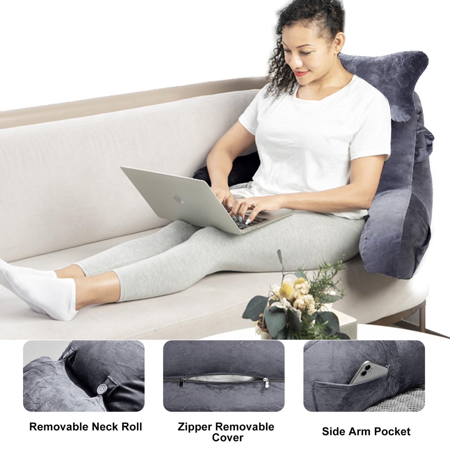 SLIGUY Reading Pillow for Sitting in Bed Couch Adult, Back Pillow with arm Support and Pockets, Adult Back Pillow Bed Chair for Bed Rest, Reading, Watching TV, Gaming for Boys and Girls Dark Grey
