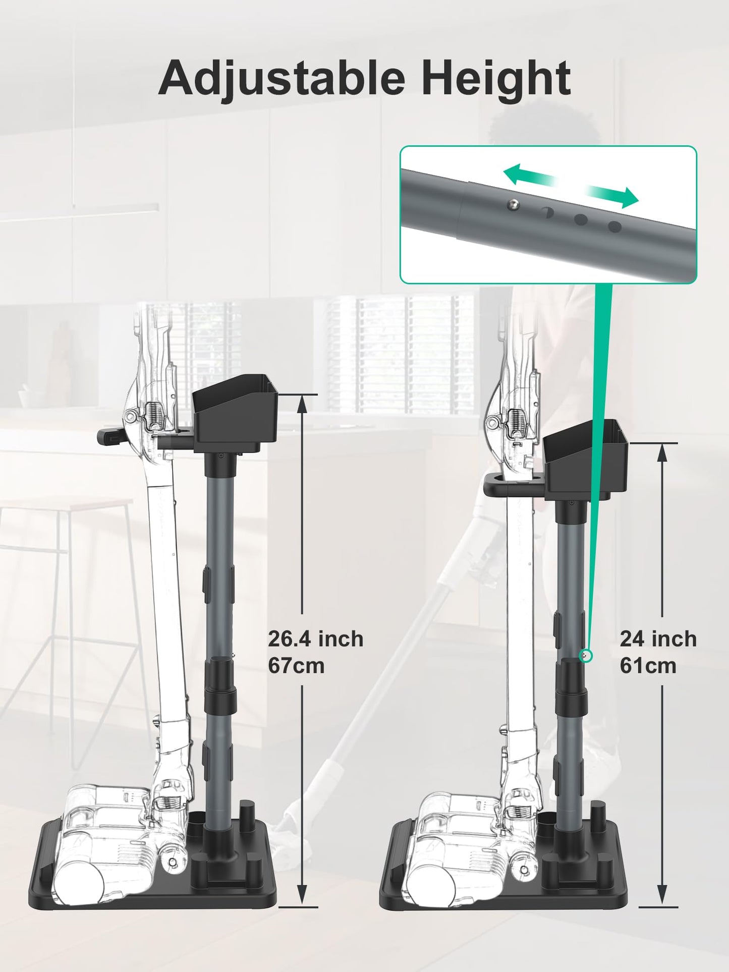 SheildOn Cordless Vacuum Stand, Adjustable Height, 7 Accessory Holders, Storage Box, Vac Standing Dock Compatible with Stick Vacuum Cleaners (Max. 1 4/5" Vac Wand)