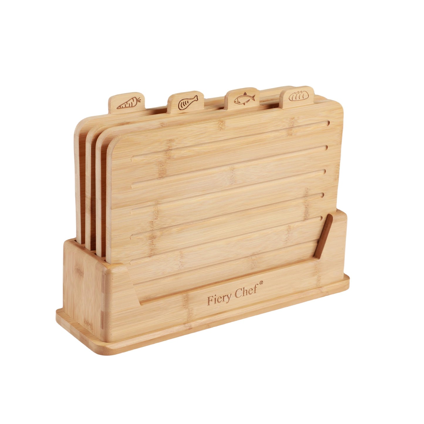 Fiery Chef 12.6"L x 9"W Bamboo Cutting Board Set of 4 - Wood Cutting Board Set with Holder, Chopping Boards Set with Food Icons, Juice Groove - Ideal for Meat, Fish, Bread, Vegetable, Fruit Chopping
