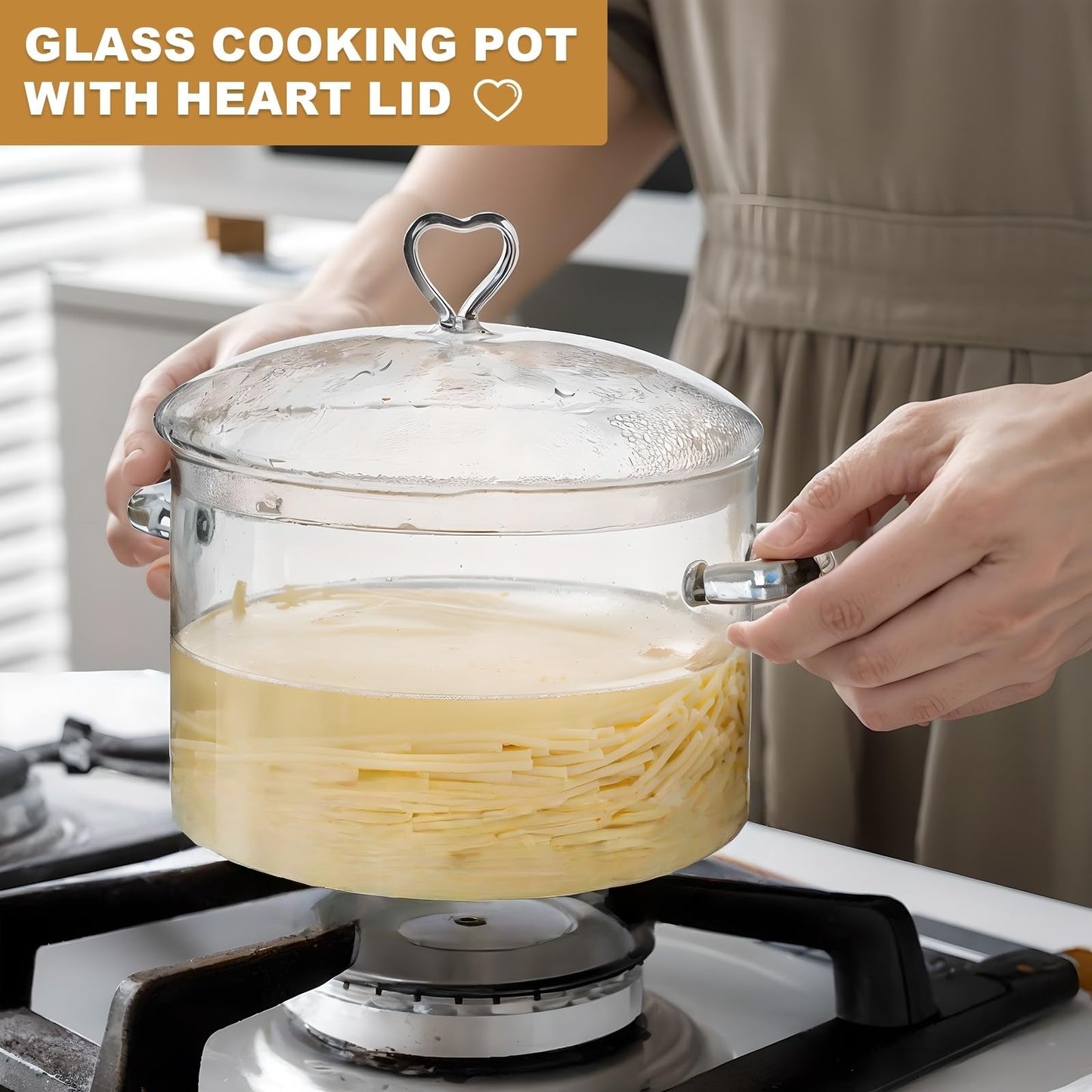 4L Glass Cooking Pot with Heart-shaped Lid, 4.2Qt/4000ml, Heat Resistant, High Thermal Conductivity Reduces Energy Use, Dishwasher Oven Gas Electric Stove Safe,for Potpourri,Soups,Pasta