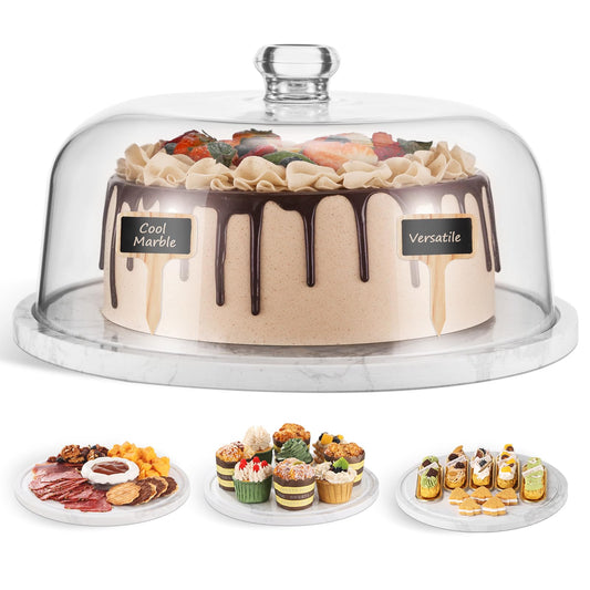 Marble Cake Stand with Dome，11.8in White Marble Dessert Stand with Acrylic Lid Cover，Heavy Duty Stone Serving Display Plate for Cakes，Cheese，Pastry，Stone Platter for Birthday/Kitchen/Party/Wedding