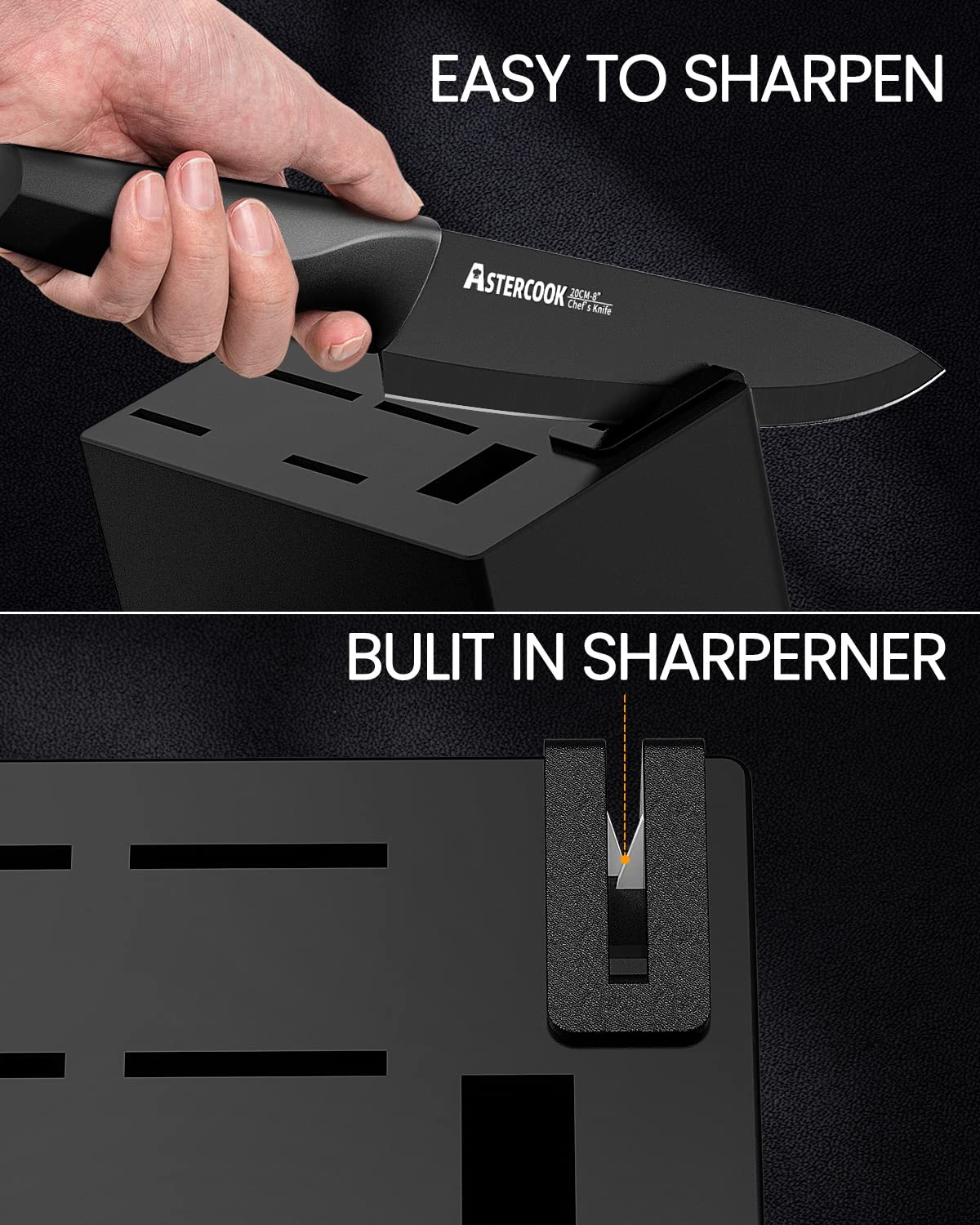 Astercook Knife Set, Kitchen Knife Set with Built-in Sharpener Block, Dishwasher Safe, 15 Pieces German Stainless Steel Knife Block Set, Black Perfect Kitchen Gifts for Mom Dad