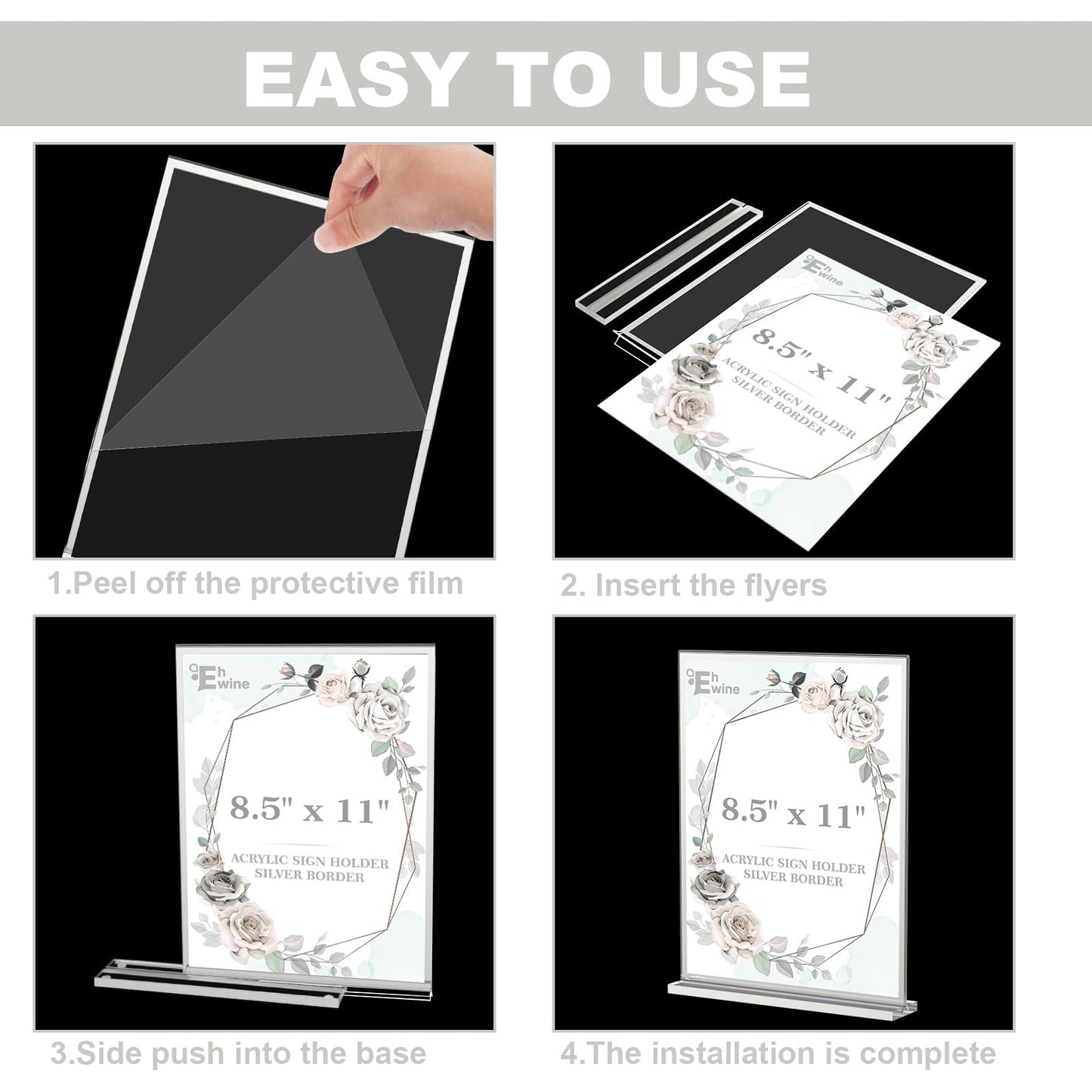 EHWINE 16 Pack Acrylic Sign Holder 8.5 x 11, Double-Sided Tabletop Silver Sign Holder, Clear Acrylic Picture Frame Menu Flyer Paper Holder Display Stand for Home Wedding Party (with Non-Slip Pads)