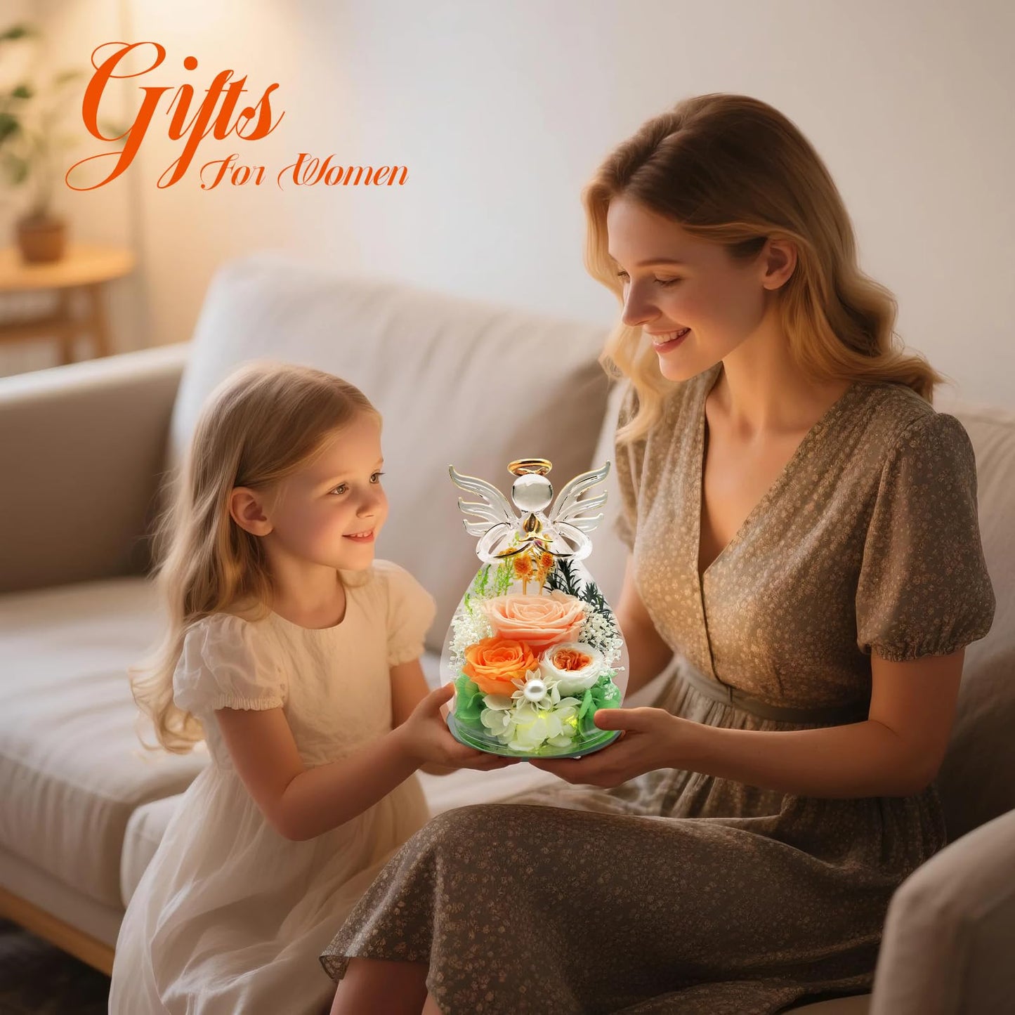 Gifts for Mom Women, Preserved Rose in Glass Angel Figurine, Forever Flowers Birthday Gifts for Her, Mothers Day Anniversary Valentines Gifts for Grandma Wife Daughter Girlfriend, Real Rose Home Decor