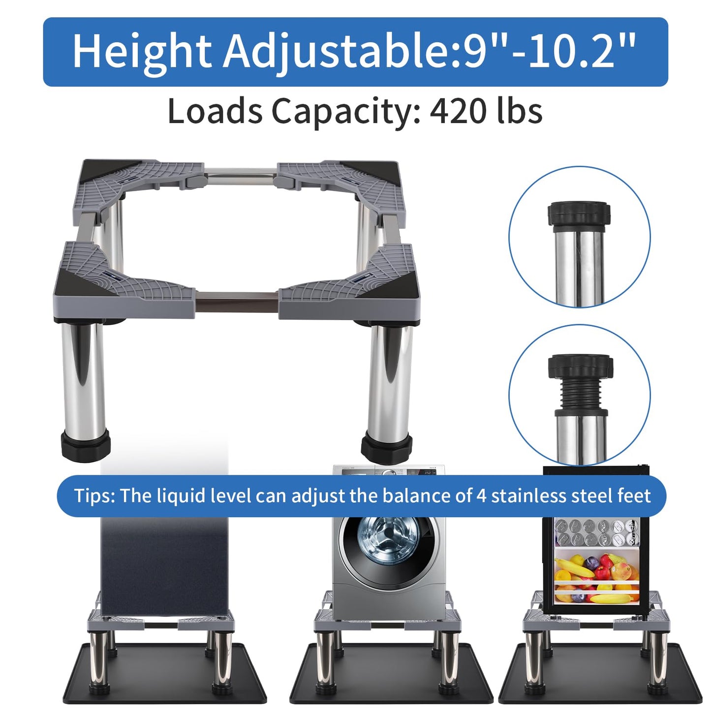 HurOutd Mini Fridge Stand with Silicone Mat, Adjustable Refrigerator Stand with 4 Stainless Steel Feet (9"-10.2" High), Suitable for Small Refrigerators, Portable Compact Washer or Dryer