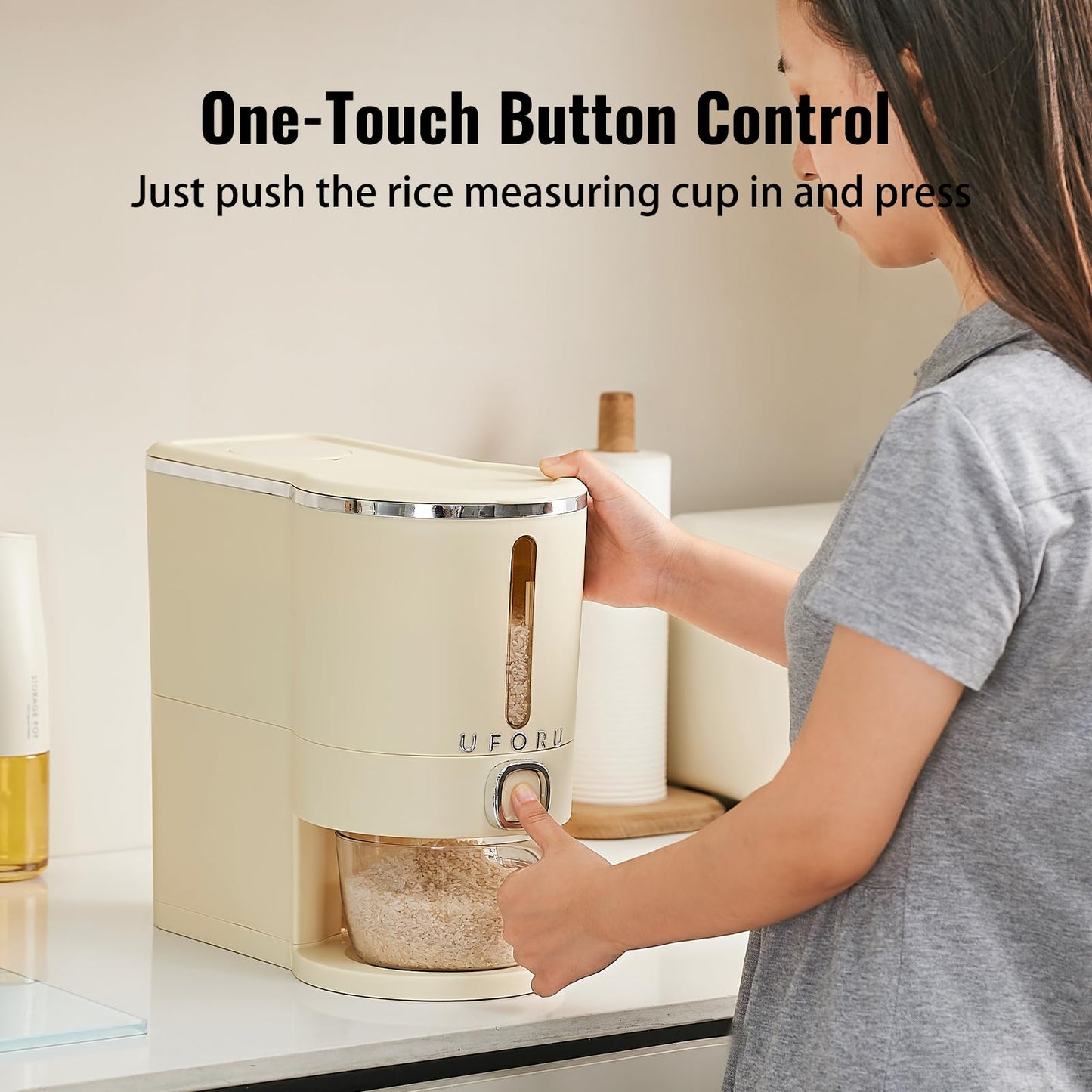 UFORU Rice Dispenser, Rice Storage Container with Measuring Cup for Kitchen Pantry Household, Dry Food Storage Containers Airtight, Sealed Moisture Proof, Cream White 11 Lbs