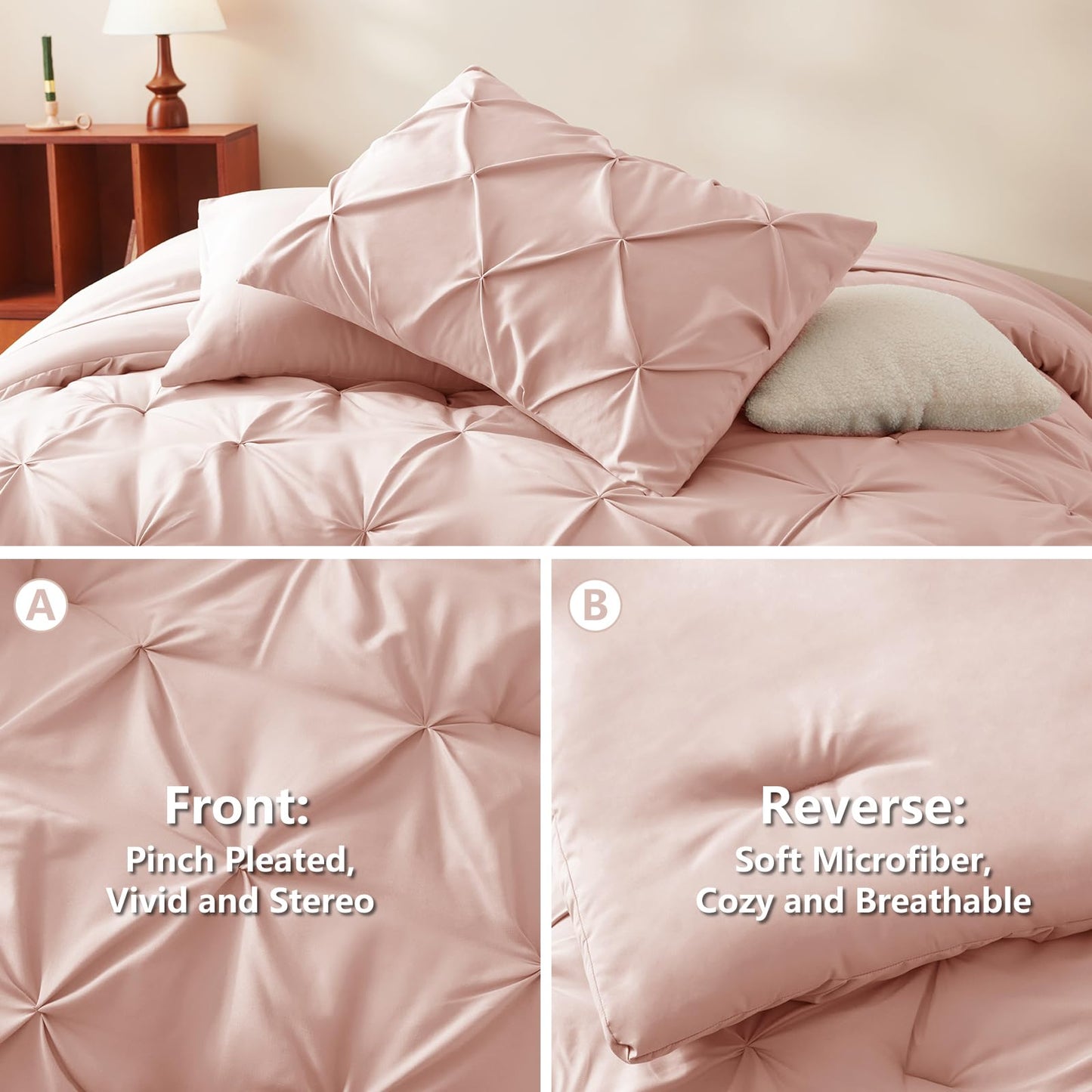 CozyLux Twin Comforter Set with Sheets Peach Pink, 5 Pieces Pintuck Bed in A Bag, All Season Bed Set Gift for Girls and Boys, Pinch Pleat Bedding Set with Comforter, Sheets, Pillowcase & Sham