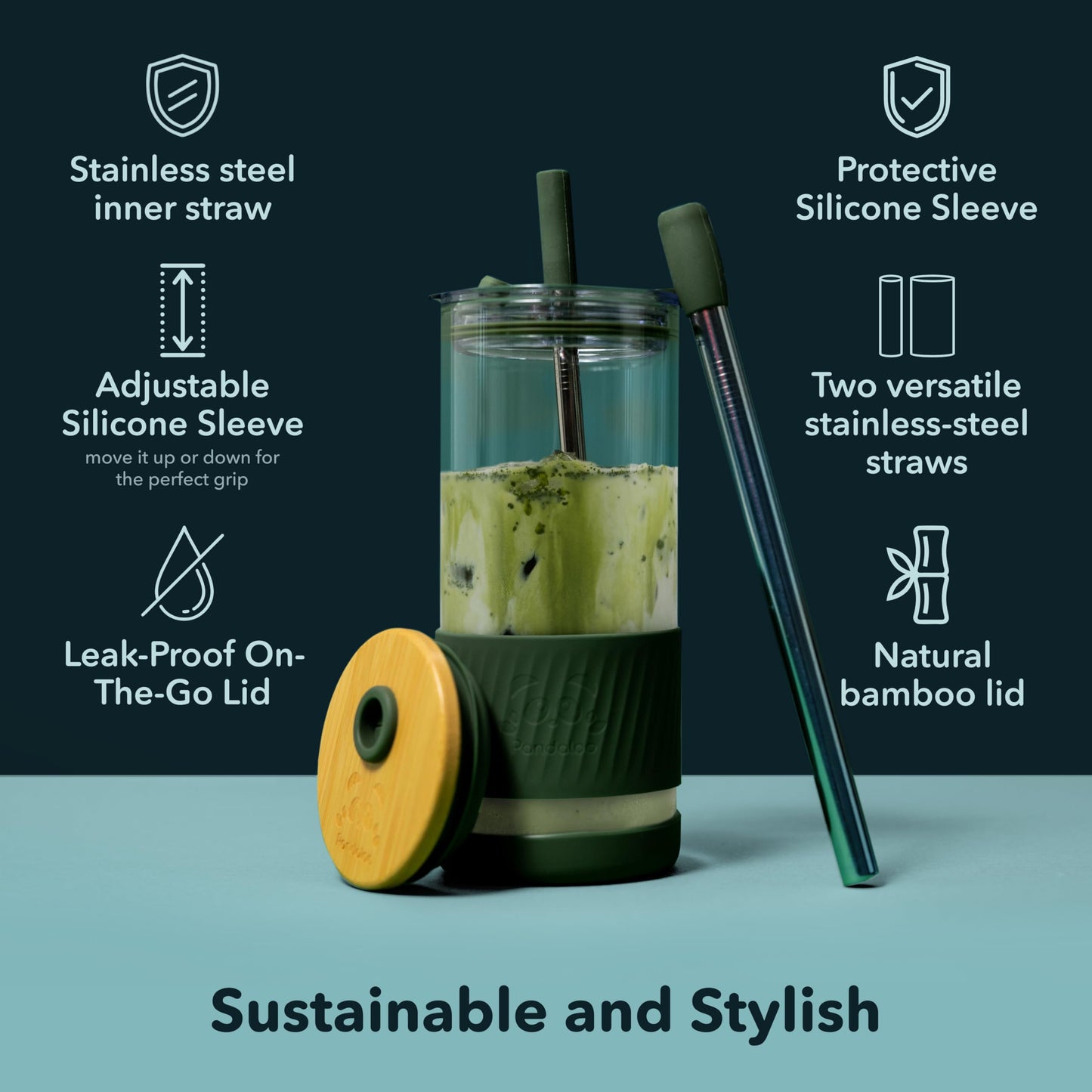 Pandaloo® Glass Cups With Lids and Straws -20 Fl Oz- Perfect Size Iced Coffee Cup - Smoothie Cup With Bamboo Lid and On the go Lid - Glass Tumbler (2 Count (Pack of 1), Lilac-Sage)